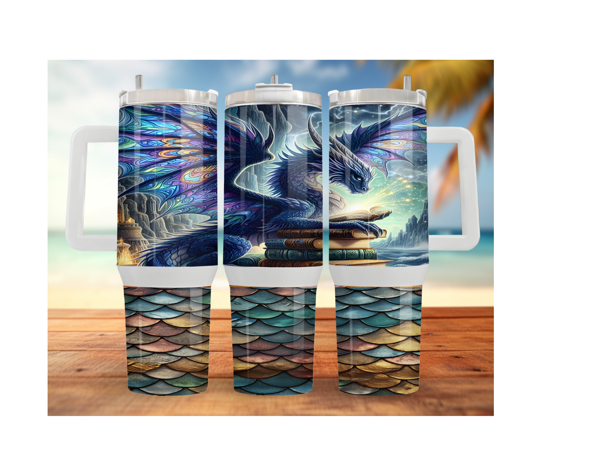 Dragon stainless steel tumblers with vibrant dragon artwork and insulated design, perfect for hot or cold drinks.