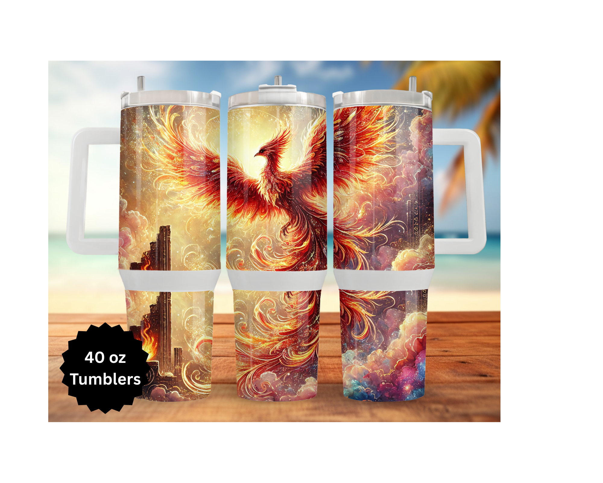 Colorful 40 oz stainless steel phoenix tumbler collection showcasing mythical fire bird designs against a beach backdrop.