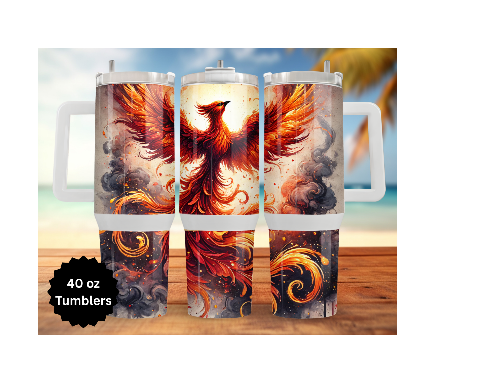 Stainless steel phoenix tumbler collection featuring vibrant fire bird designs, perfect for 40 oz beverages.