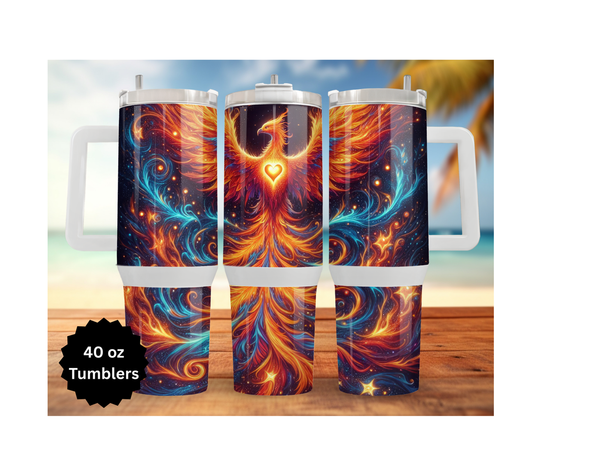 Stunning stainless steel phoenix tumbler collection featuring vibrant fire bird designs, perfect for transformation lovers.