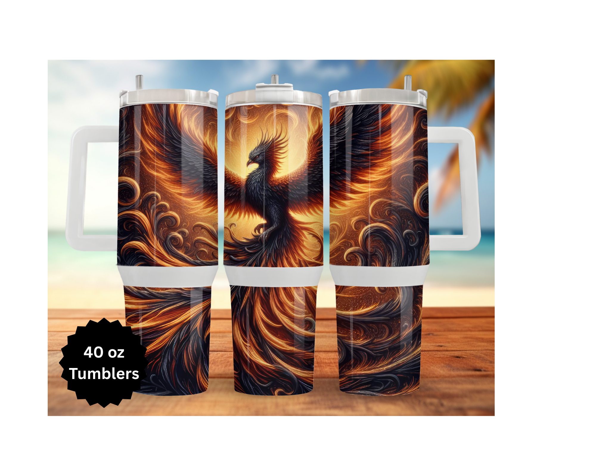 Stainless steel phoenix tumbler collection showcasing vibrant designs of the mythical fire bird, 40 oz size, beach background.