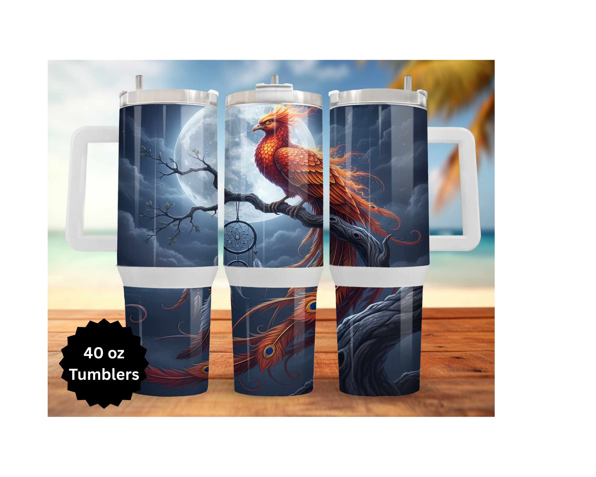 40 oz stainless steel phoenix tumbler featuring a vibrant fire bird design on a beach background.