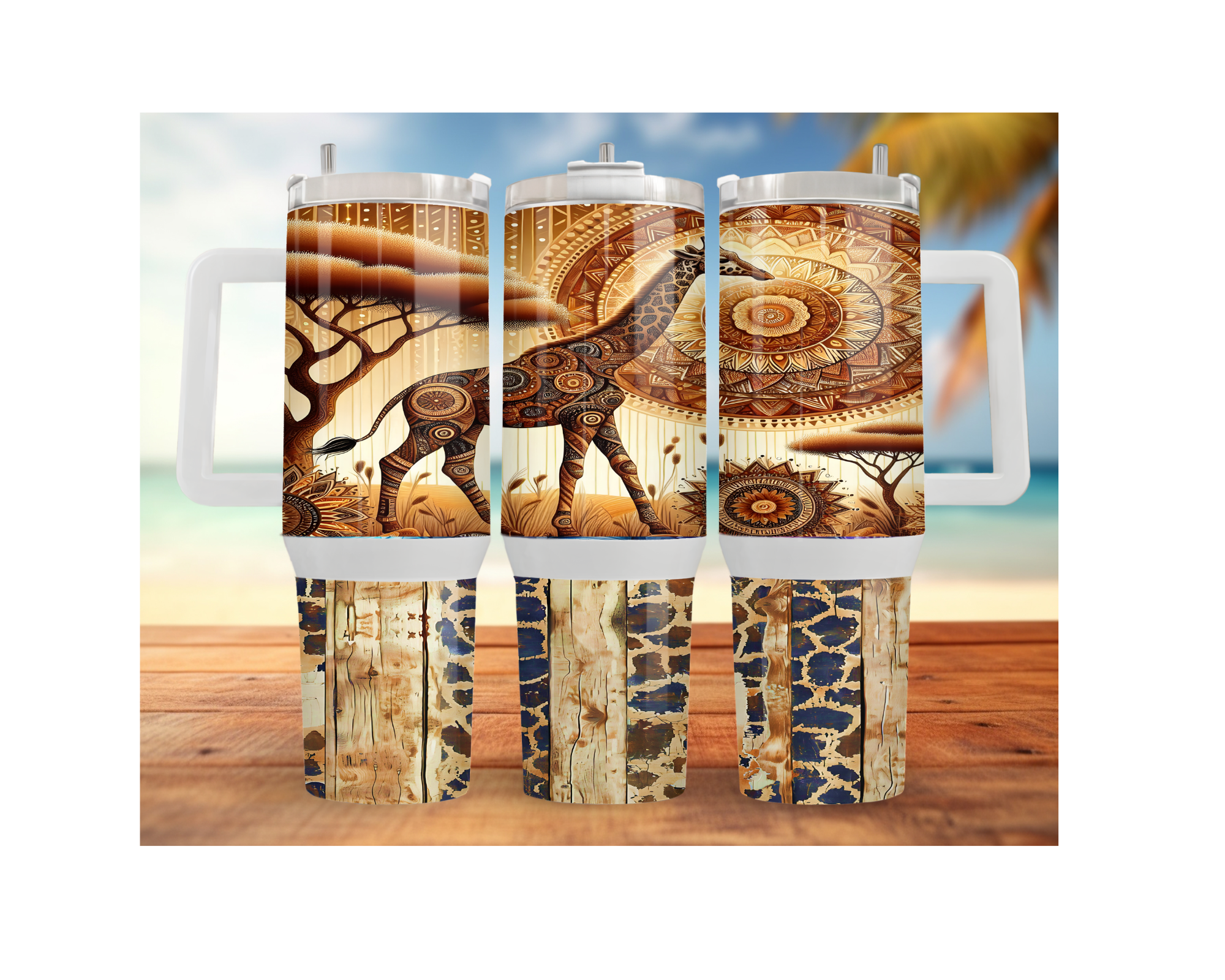 Giraffe stainless steel tumblers with artistic designs, showcasing a playful giraffe illustration and rustic details.