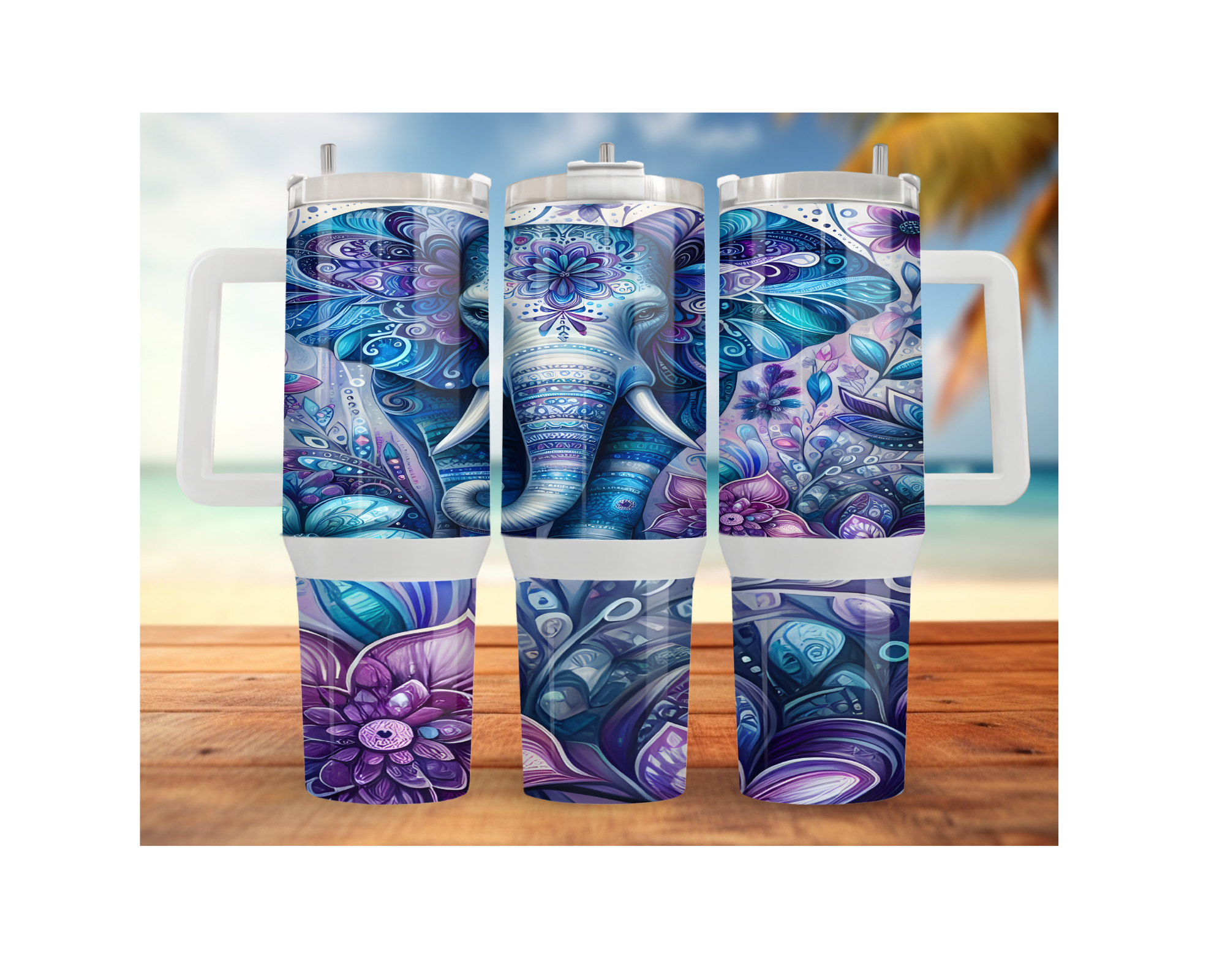 Wise & Wonderful elephant stainless steel tumbler featuring vibrant elephant artwork and floral designs on a beach background.