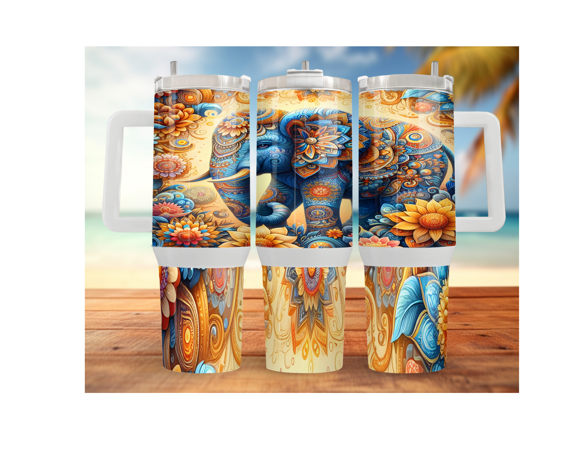 Wise & Wonderful elephant stainless steel tumbler featuring colorful elephant design and floral patterns.