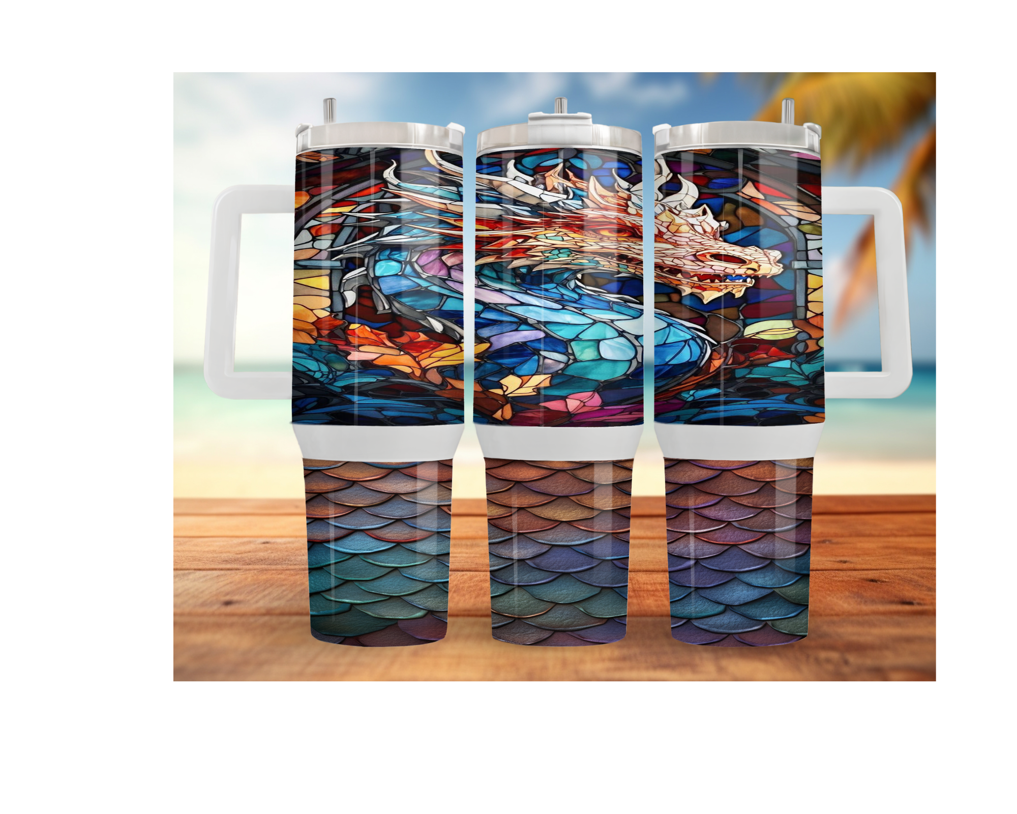 Dragon stainless steel tumblers featuring vibrant stained glass dragon artwork against a beach background.