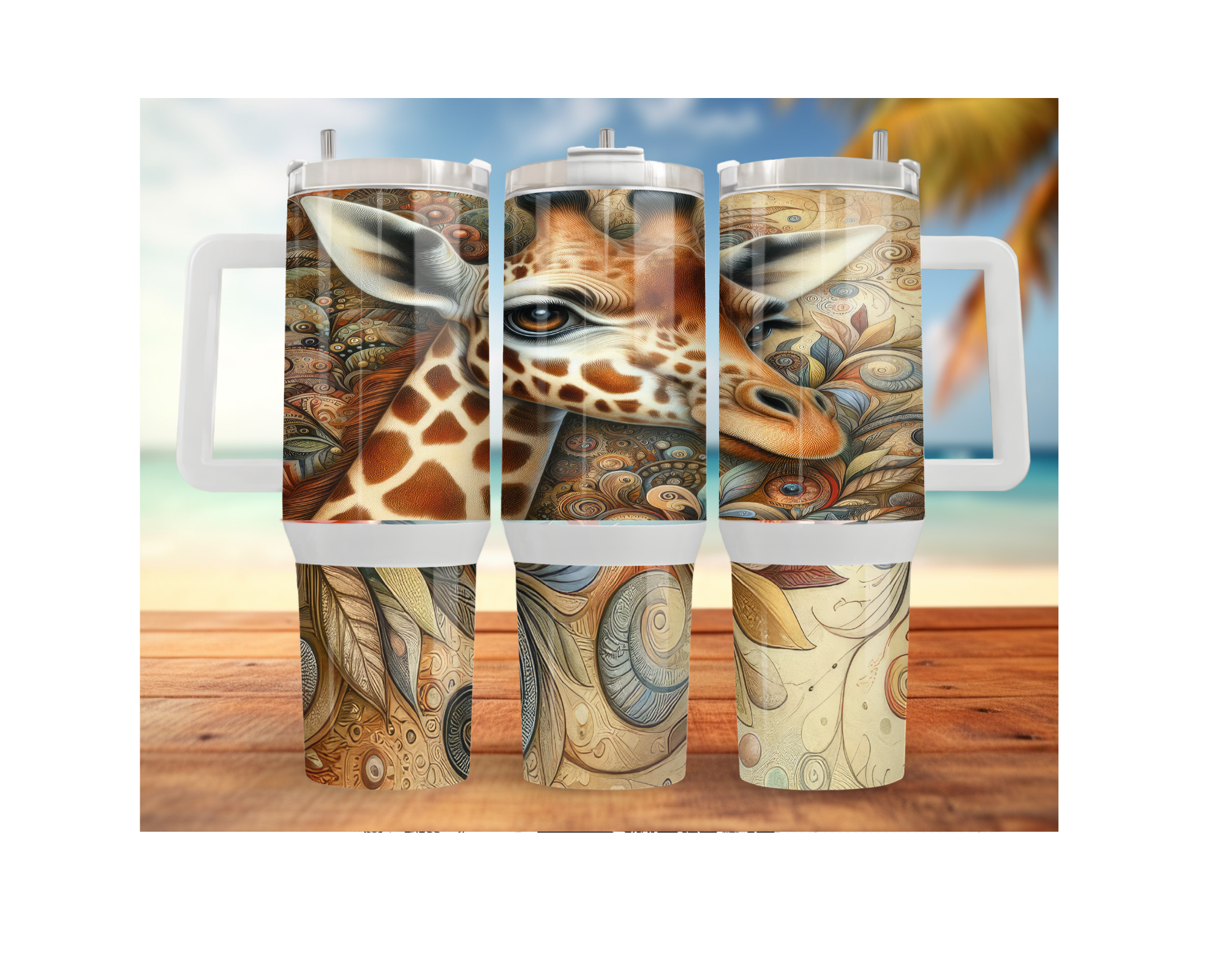 Giraffe stainless steel tumblers featuring playful designs and vibrant colors on a rustic wooden surface.