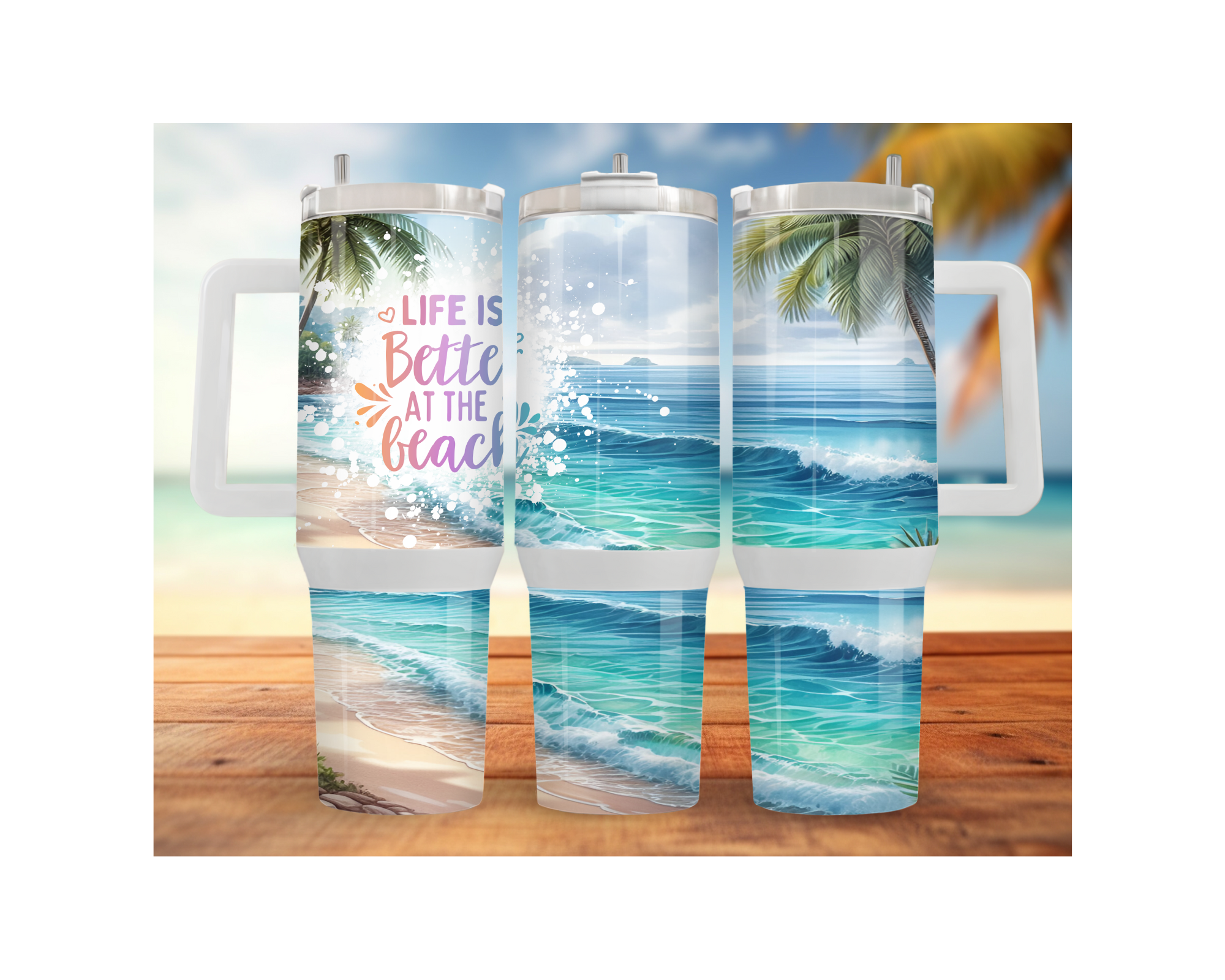 Beach stainless steel tumbler collection featuring ocean and palm tree designs with colorful graphics.