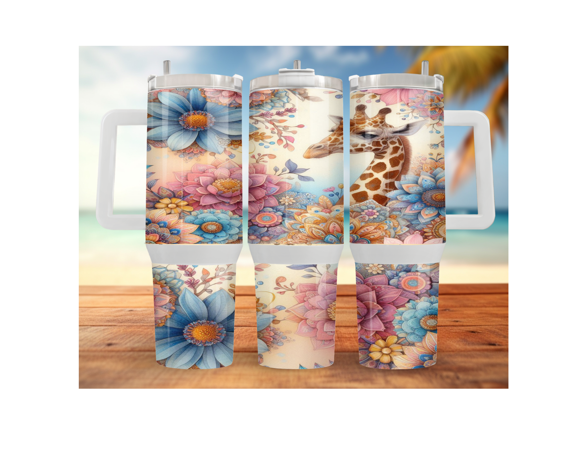 Giraffe stainless steel tumblers adorned with vibrant floral designs, perfect for hydration and style.