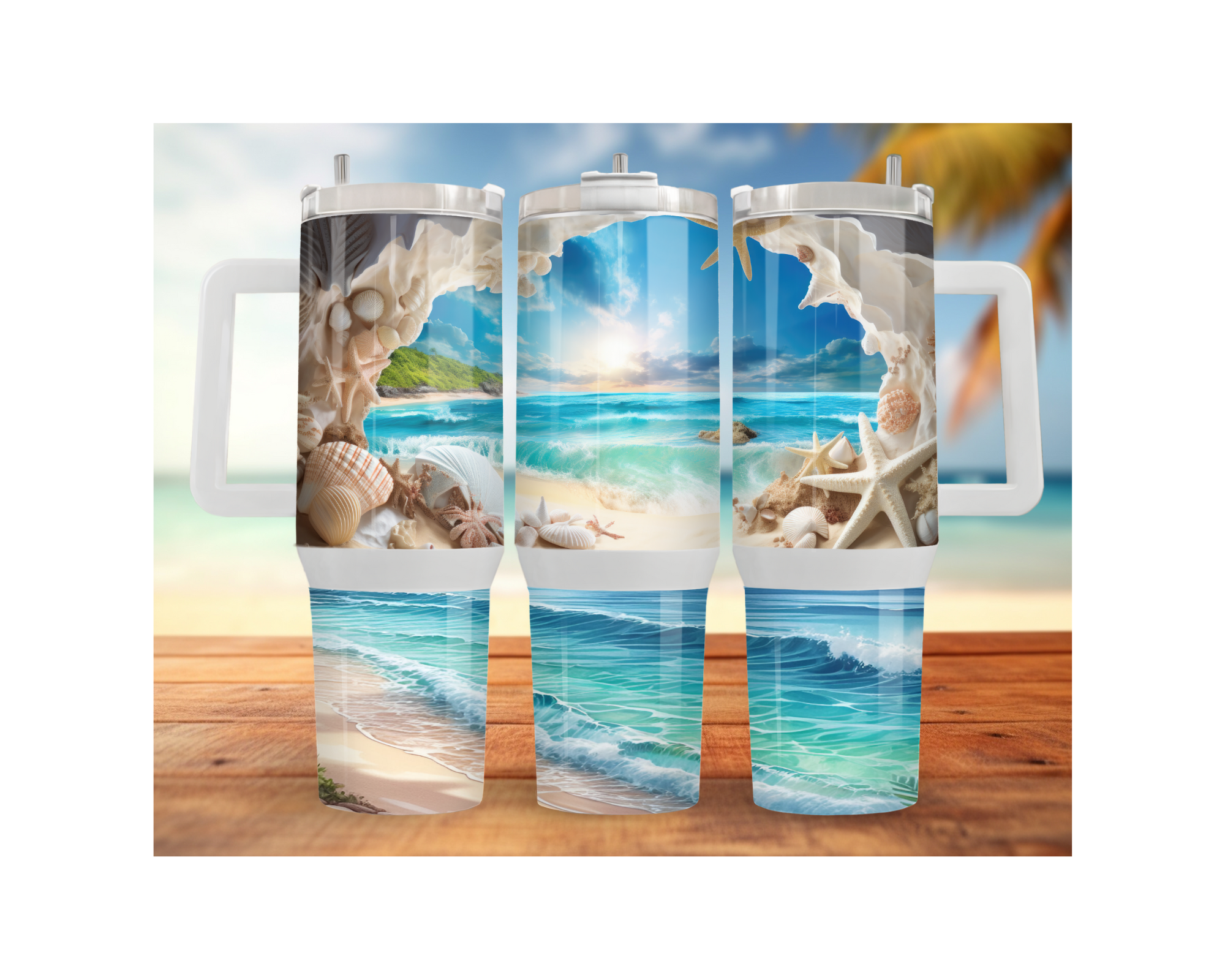 Beach stainless steel tumbler showcasing vibrant ocean scenes and seashell designs, ideal for refreshing drinks by the shore.