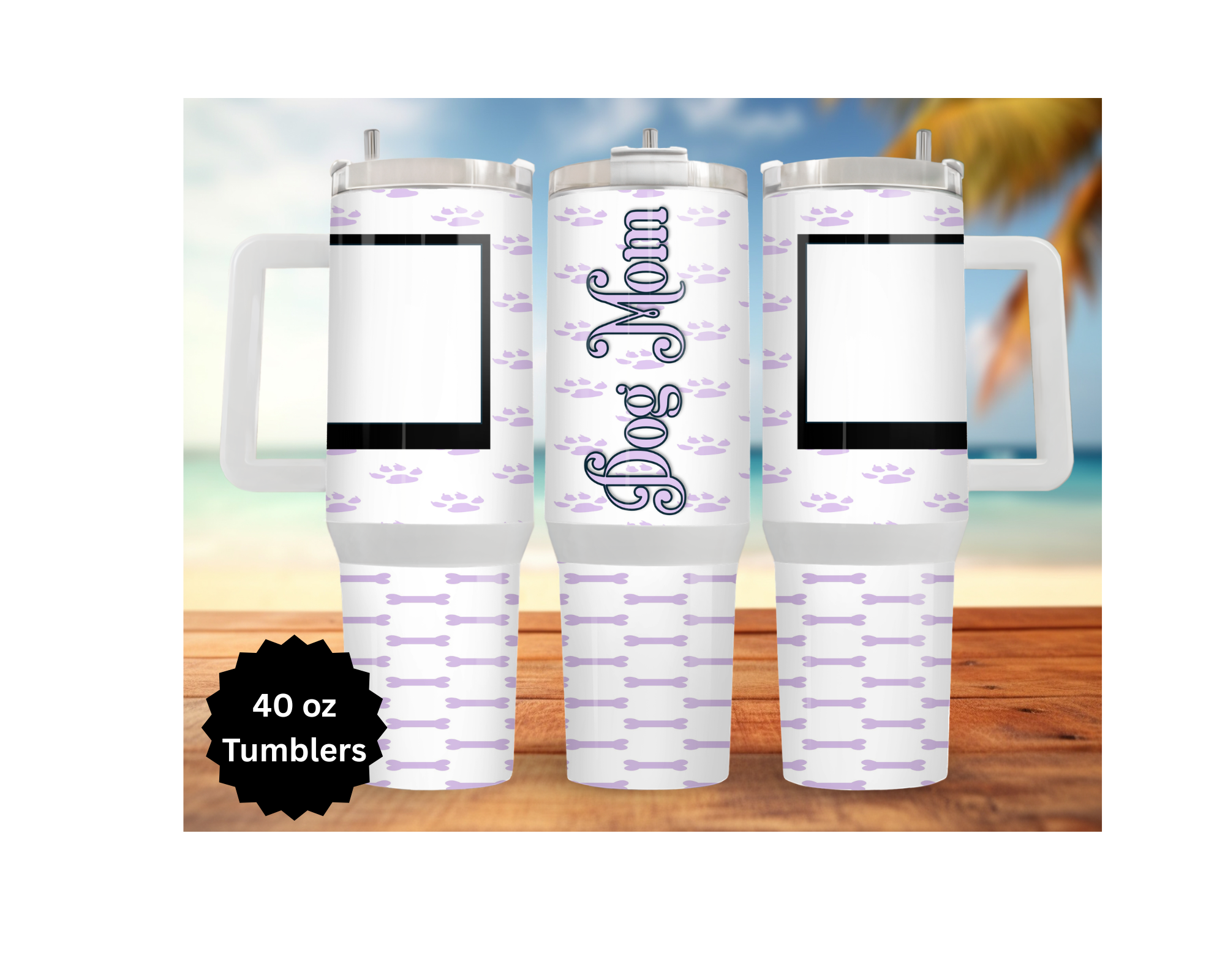 Customizable stainless steel tumblers for moms featuring a 'Dog Mom' design, 40 oz size, perfect for everyday use.