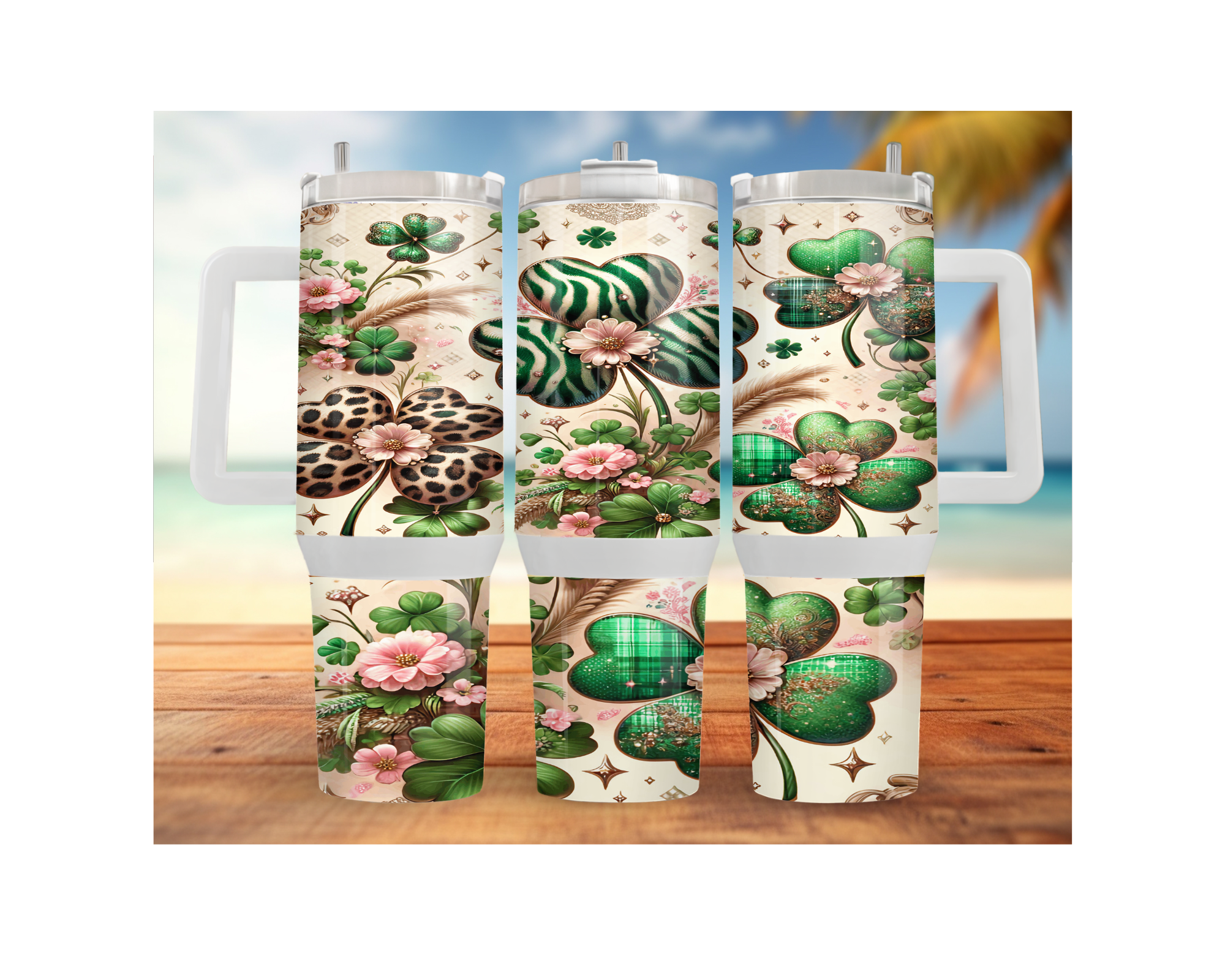 St. Patrick's Day tumbler 30 40 oz featuring vibrant shamrock designs and floral accents on a wooden surface.