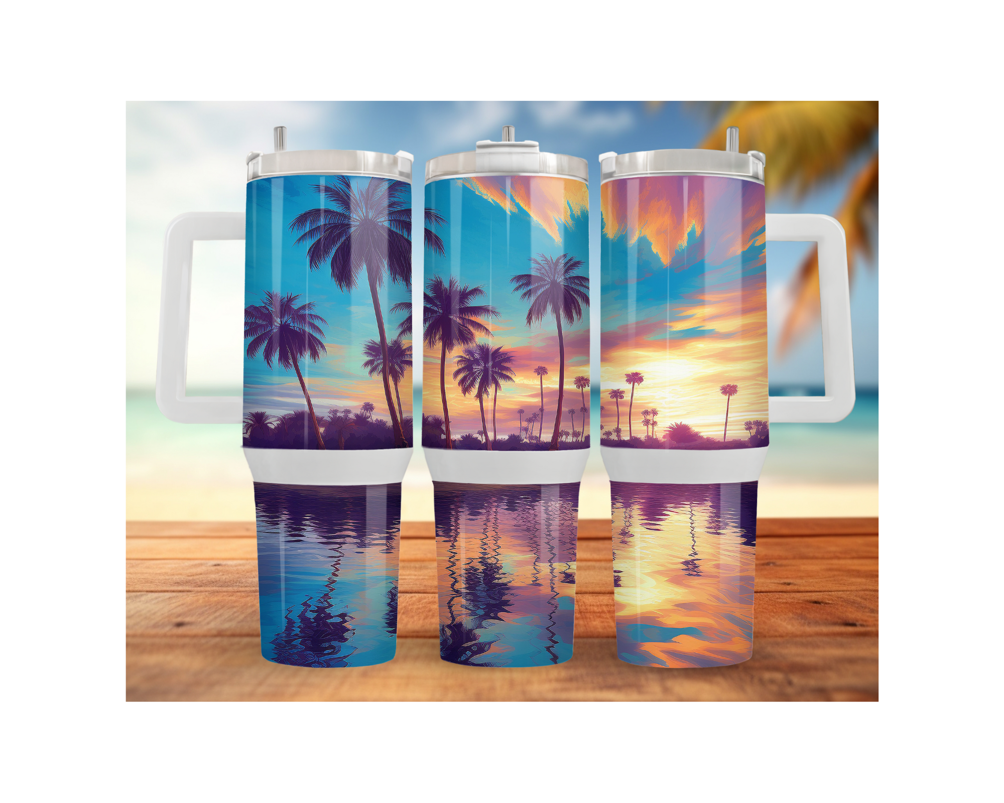 Beach stainless steel tumblers featuring tropical sunset and palm tree designs, perfect for staying refreshed at the beach.