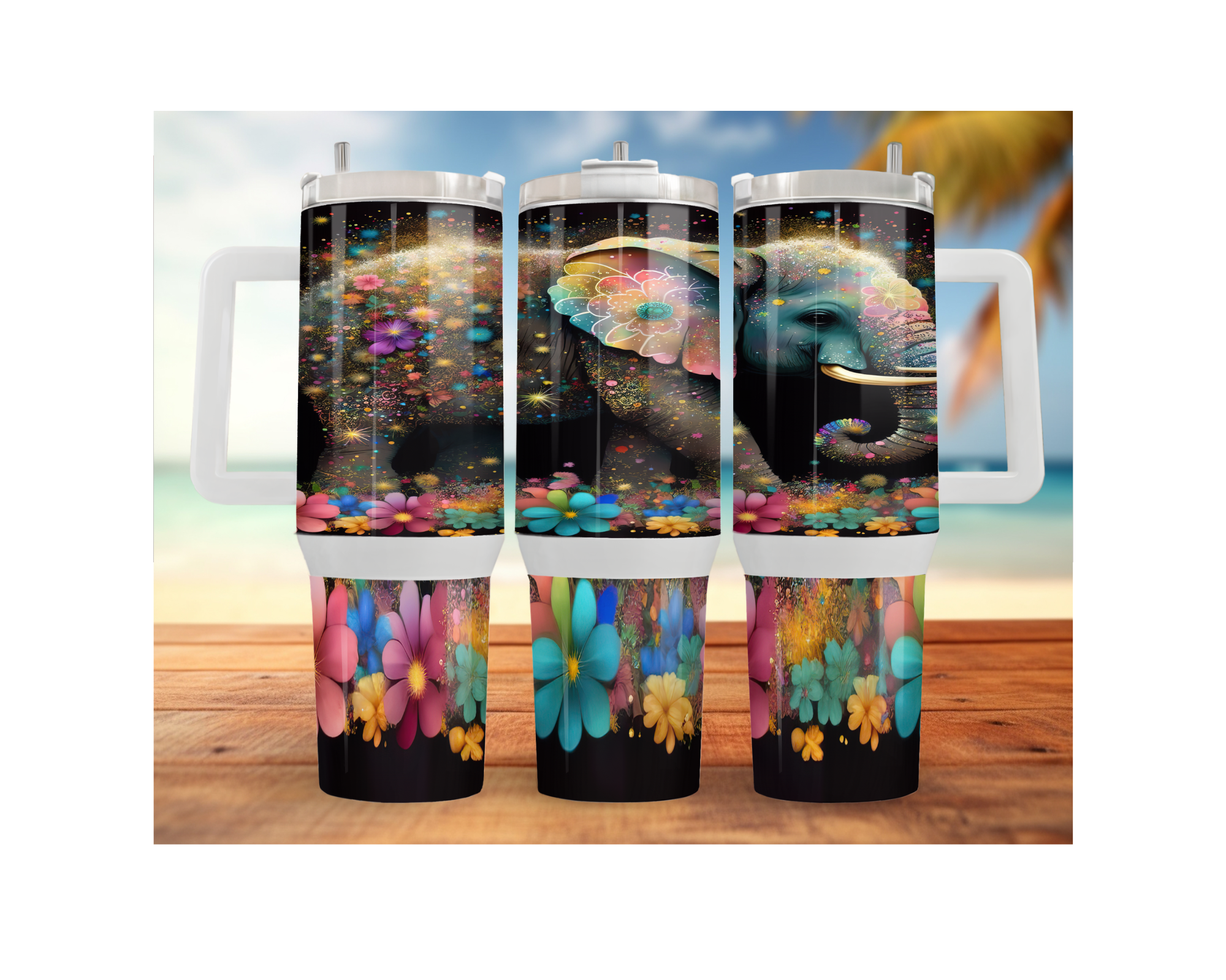 colorful elephant stainless steel tumbler with floral design, suitable for elephant lovers and positivity seekers