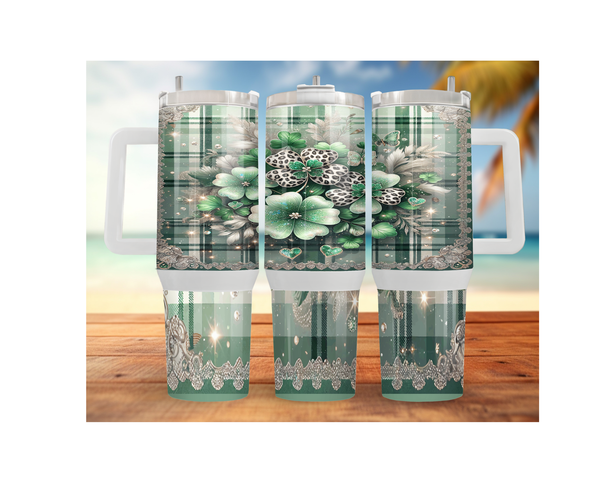 St. Patrick's Day tumbler 30 40 oz featuring vibrant shamrocks and festive designs on a coastal background.