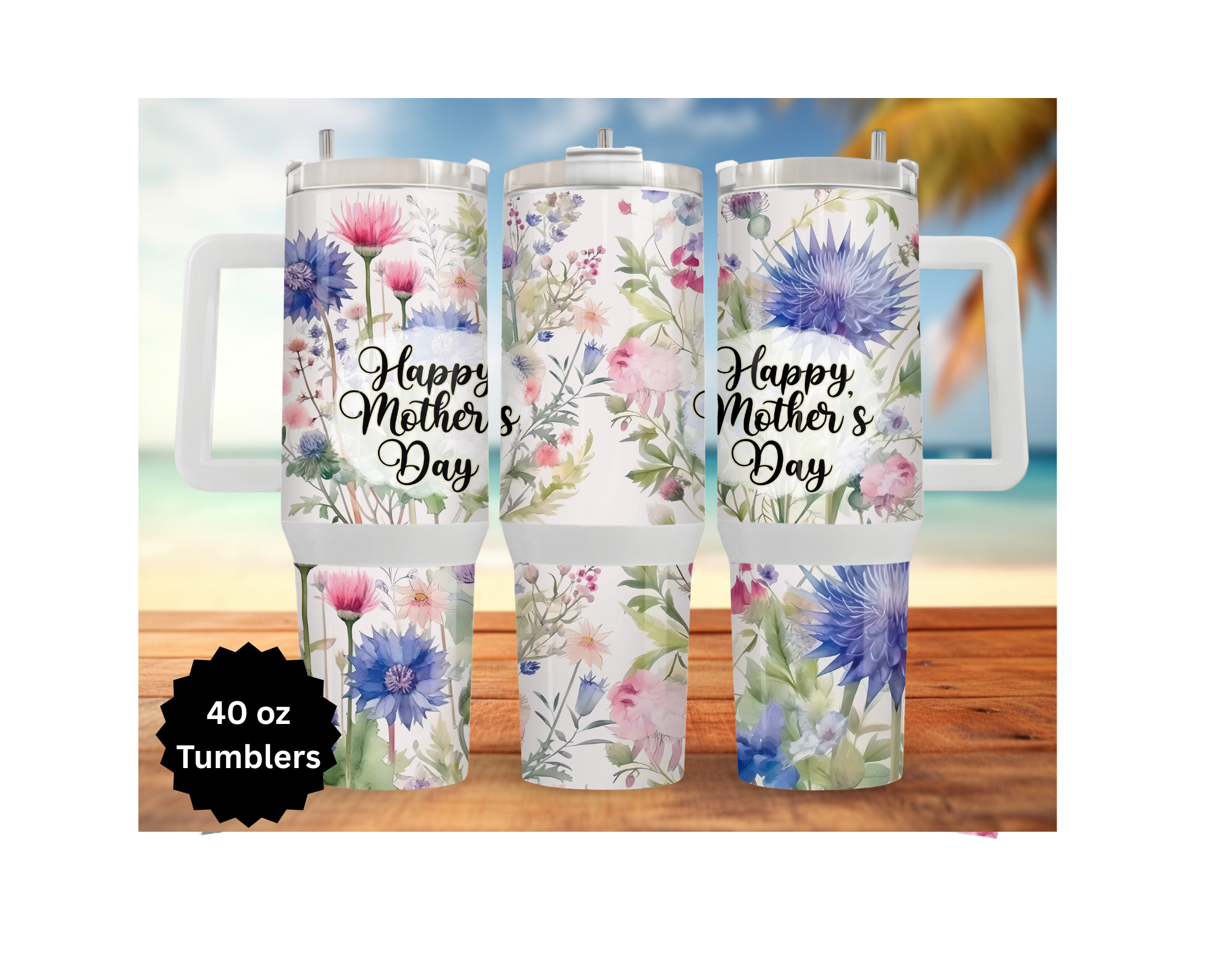 Customizable stainless steel tumblers for moms celebrating Mother's Day with floral designs in a 40 oz size.