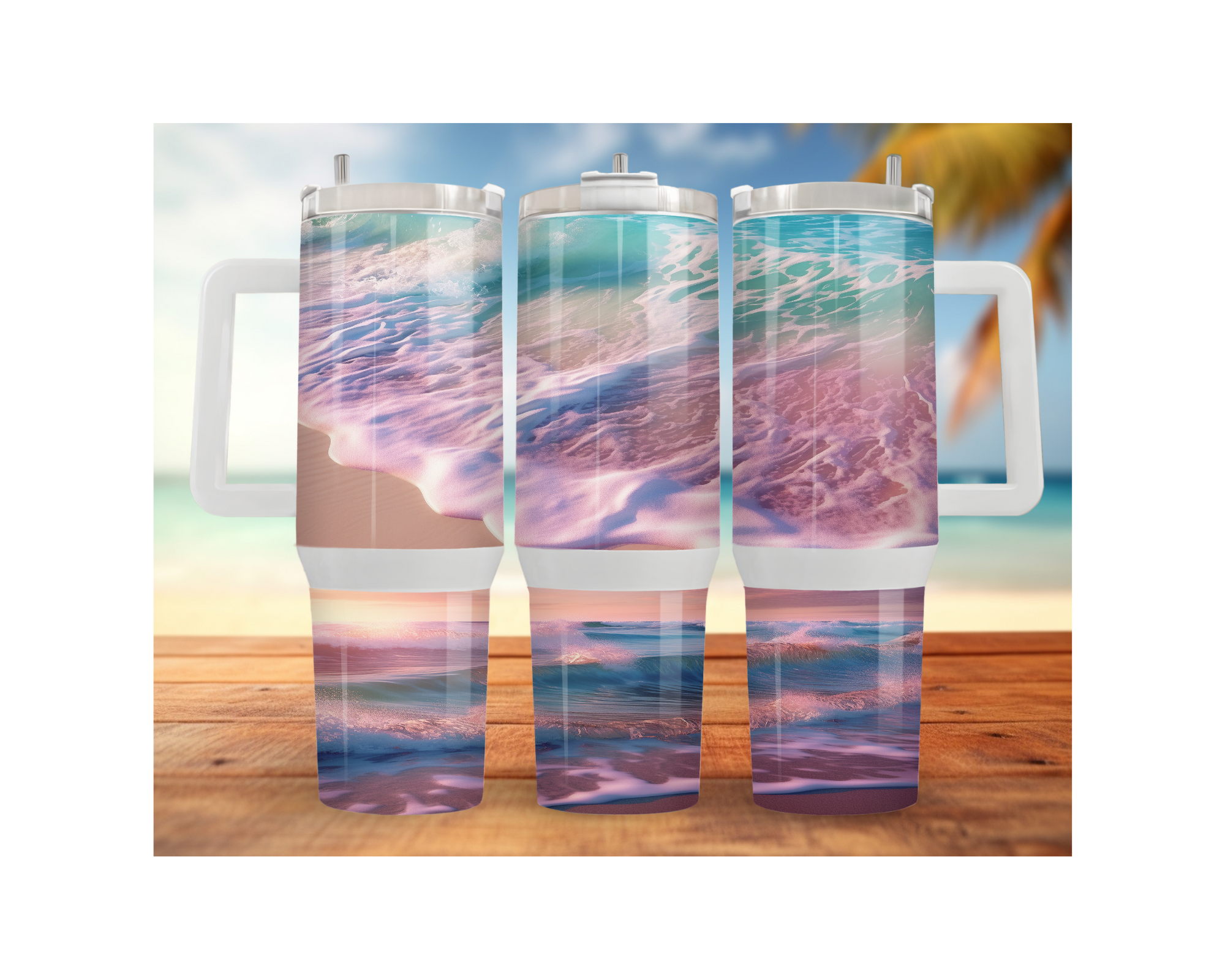 Beach stainless steel tumbler trio with a colorful ocean wave design, ideal for staying refreshed on sunny days.