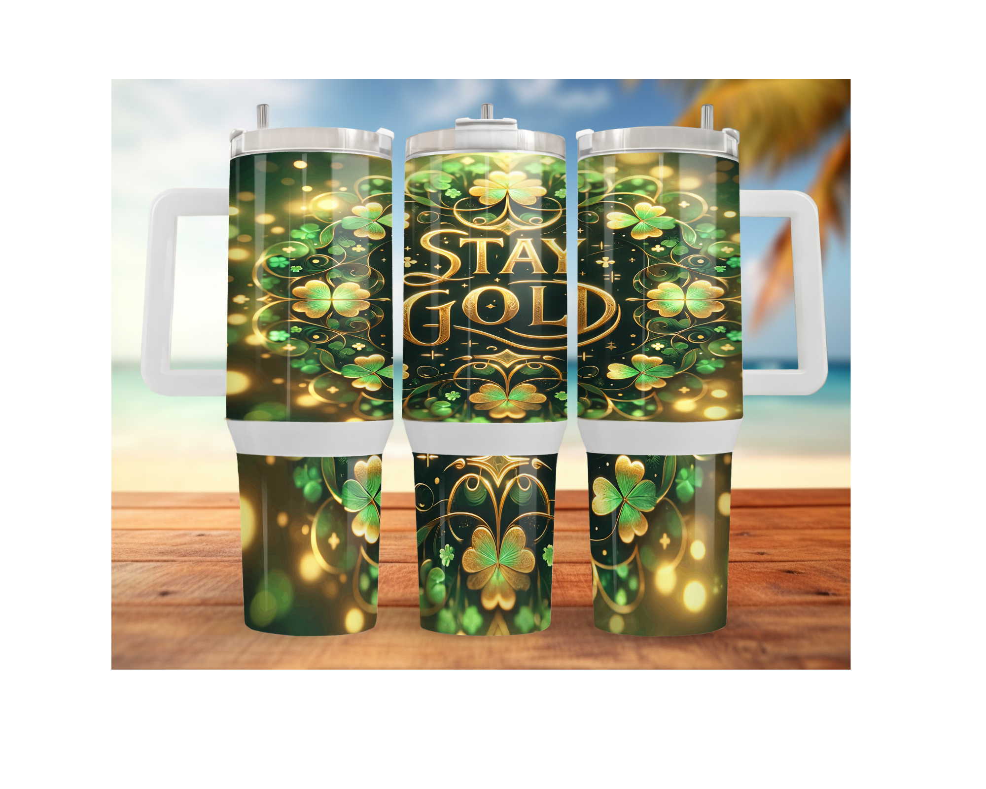 St. Patrick's Day tumbler 30 40 oz featuring green clovers and "STAY GOLD" text with gold accents and festive design.