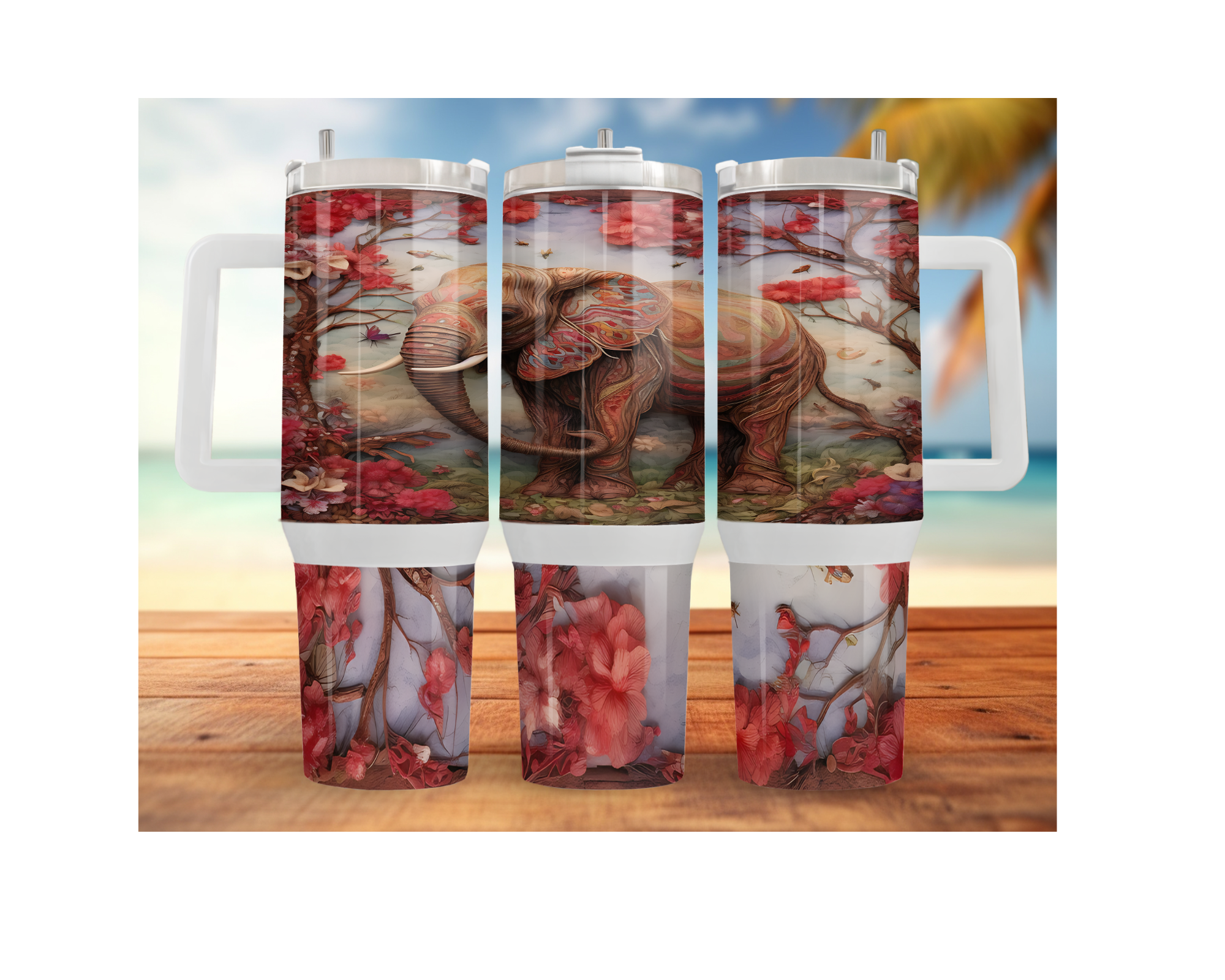 elephant stainless steel tumbler featuring whimsical elephant design and floral elements on a beach background.