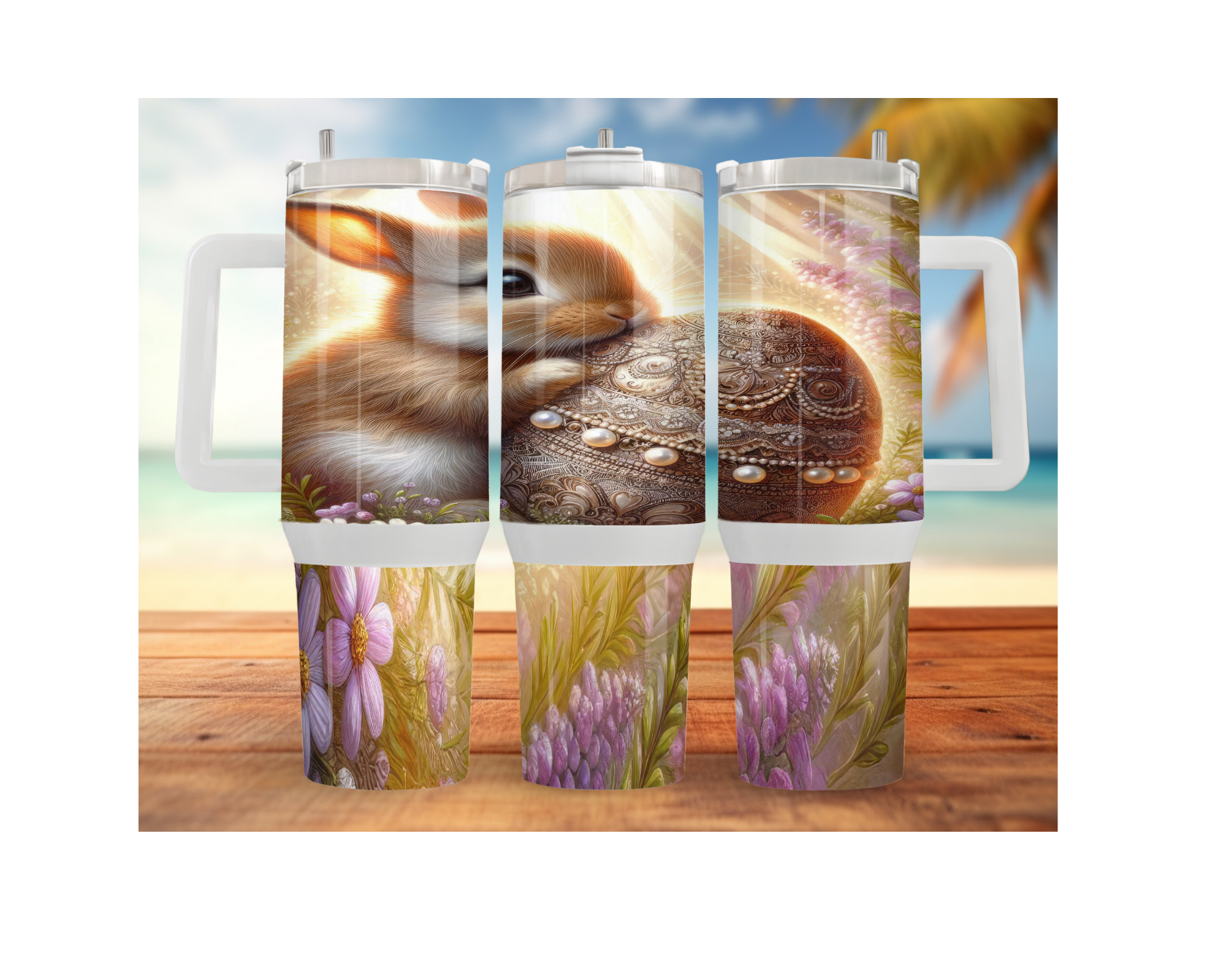 30 oz 40 oz stainless steel Easter tumblers featuring a cute bunny and decorated egg design on a beach background.