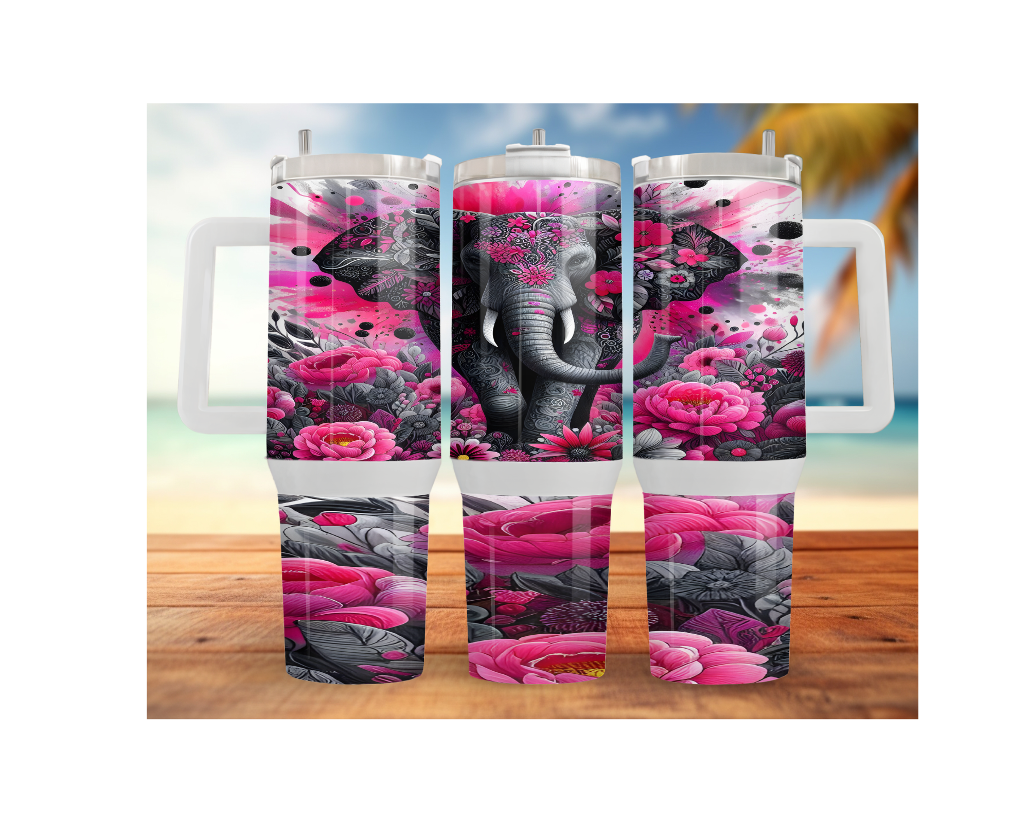 Wise & Wonderful elephant stainless steel tumbler with pink floral artwork, ideal for elephant lovers and positivity seekers.