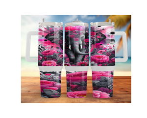 Wise & Wonderful elephant stainless steel tumbler with pink floral artwork, ideal for elephant lovers and positivity seekers.