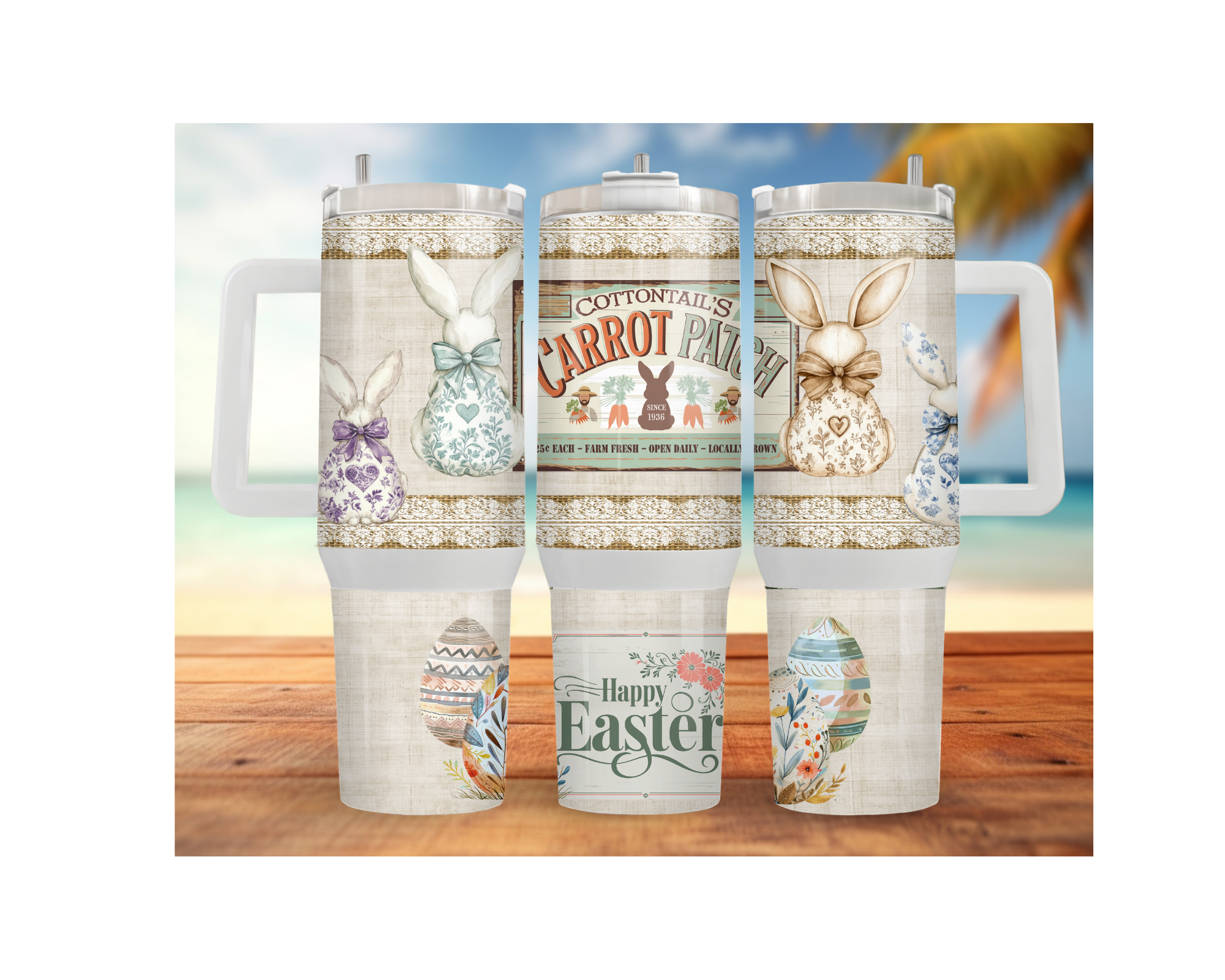 30 oz 40 oz stainless steel Easter tumblers featuring cute bunny and egg designs on a festive background.