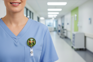 Medical professional wearing Lucky Charm Badge Pull