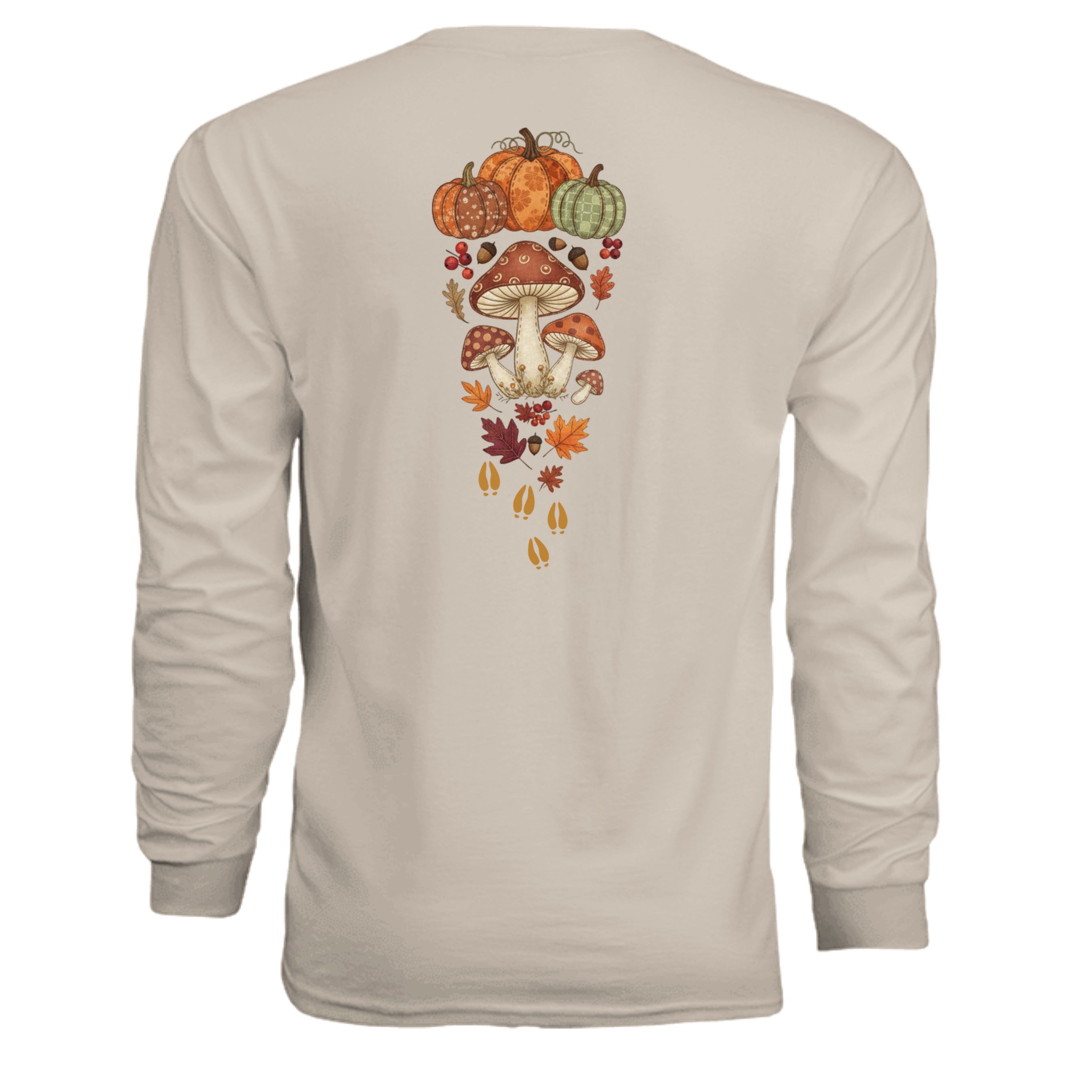 Fall Deer Patchwork Long Sleeve Tee featuring colorful autumn pumpkins and mushrooms graphic on the back.