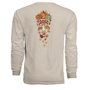 Fall Deer Patchwork Long Sleeve Tee featuring colorful autumn pumpkins and mushrooms graphic on the back.