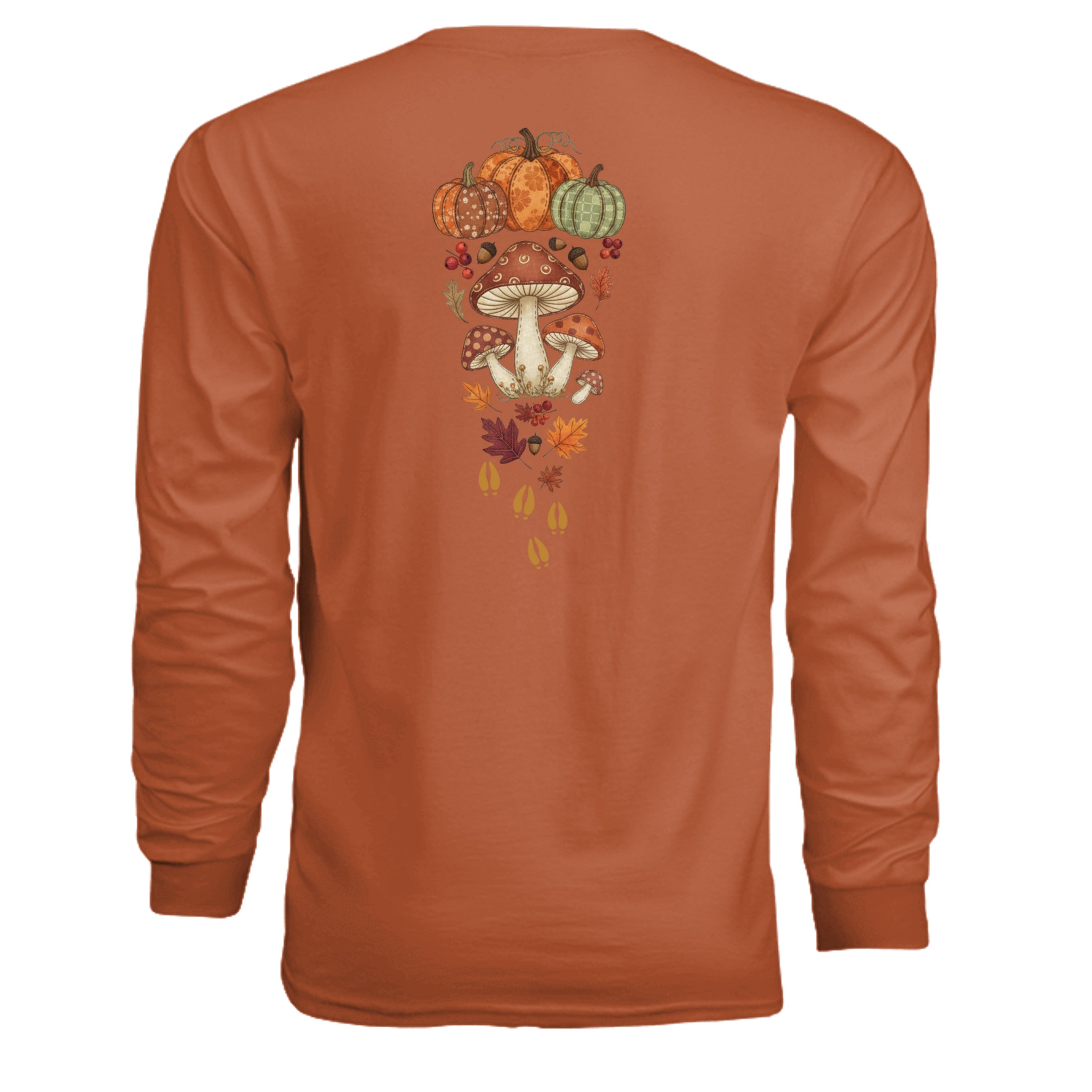Fall deer patchwork long sleeve tee featuring a colorful mushroom and pumpkin design on the back.