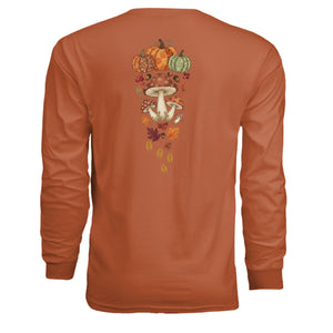 Fall deer patchwork long sleeve tee featuring a colorful mushroom and pumpkin design on the back.