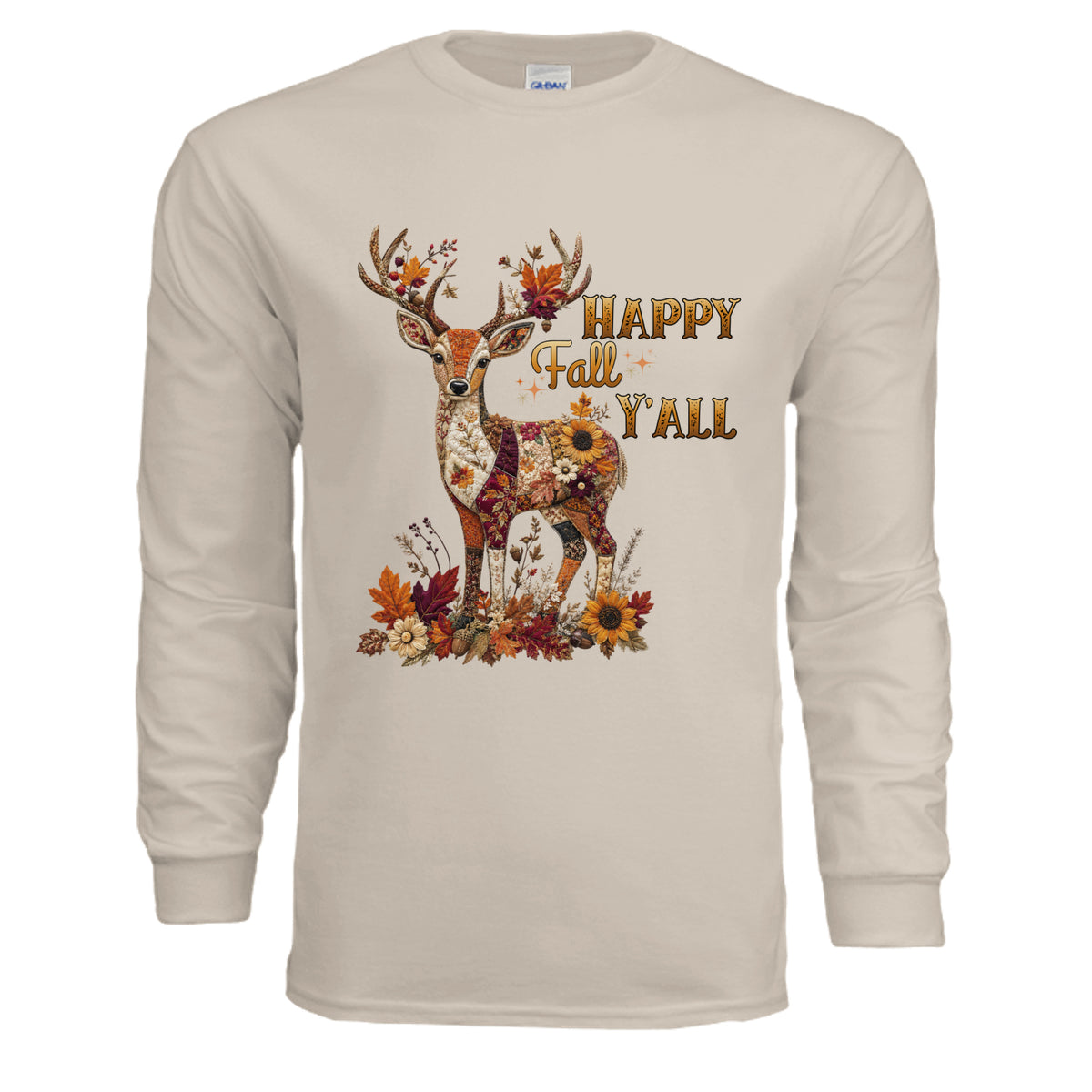 Fall deer patchwork long sleeve tee in sand featuring a charming patchwork deer graphic and autumn floral designs.
