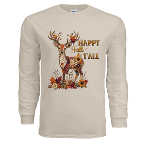 Fall deer patchwork long sleeve tee in sand featuring a charming patchwork deer graphic and autumn floral designs.