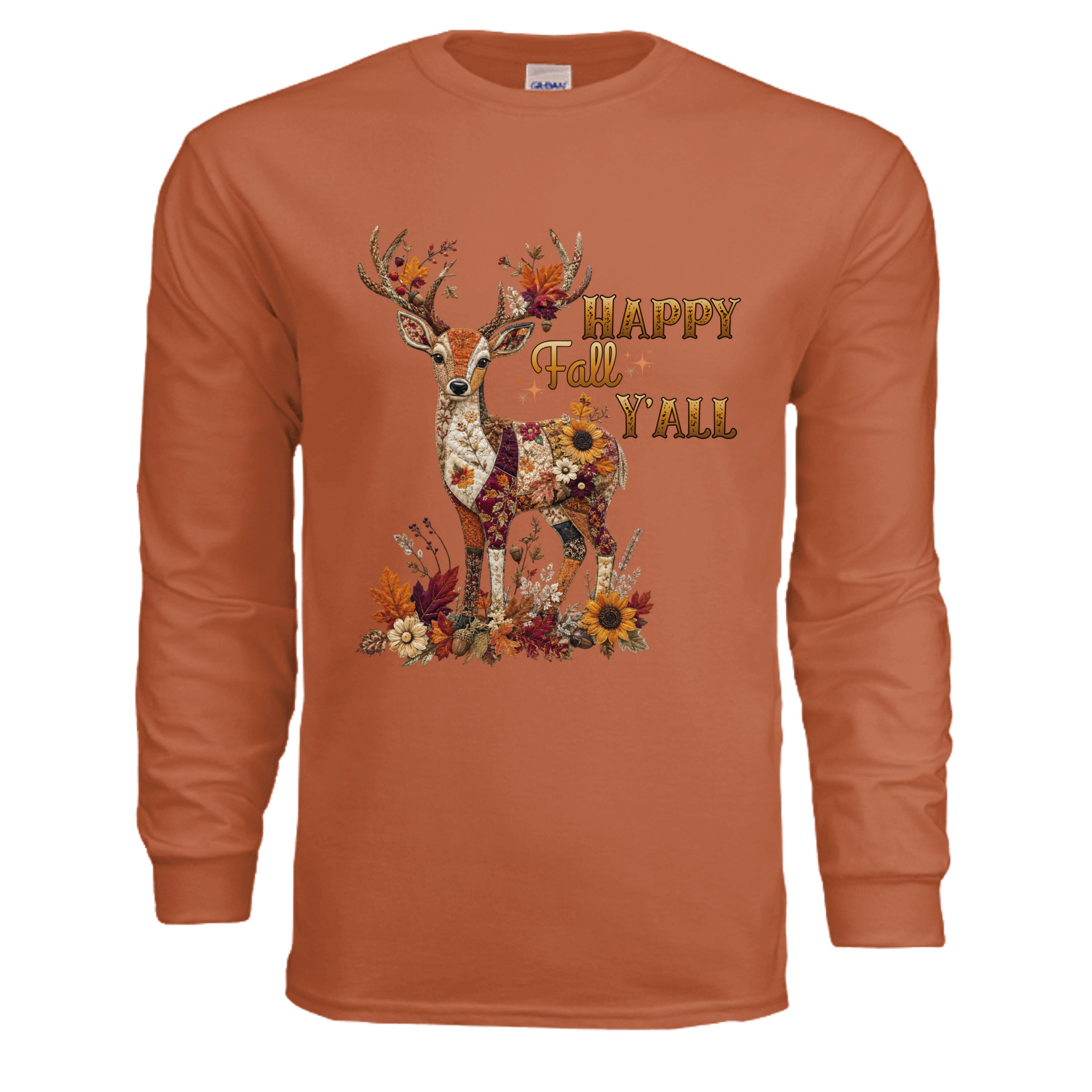 fall deer patchwork long sleeve tee in TEXAS ORANGE with colorful deer graphic and floral accents.