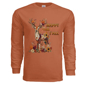 fall deer patchwork long sleeve tee in TEXAS ORANGE with colorful deer graphic and floral accents.