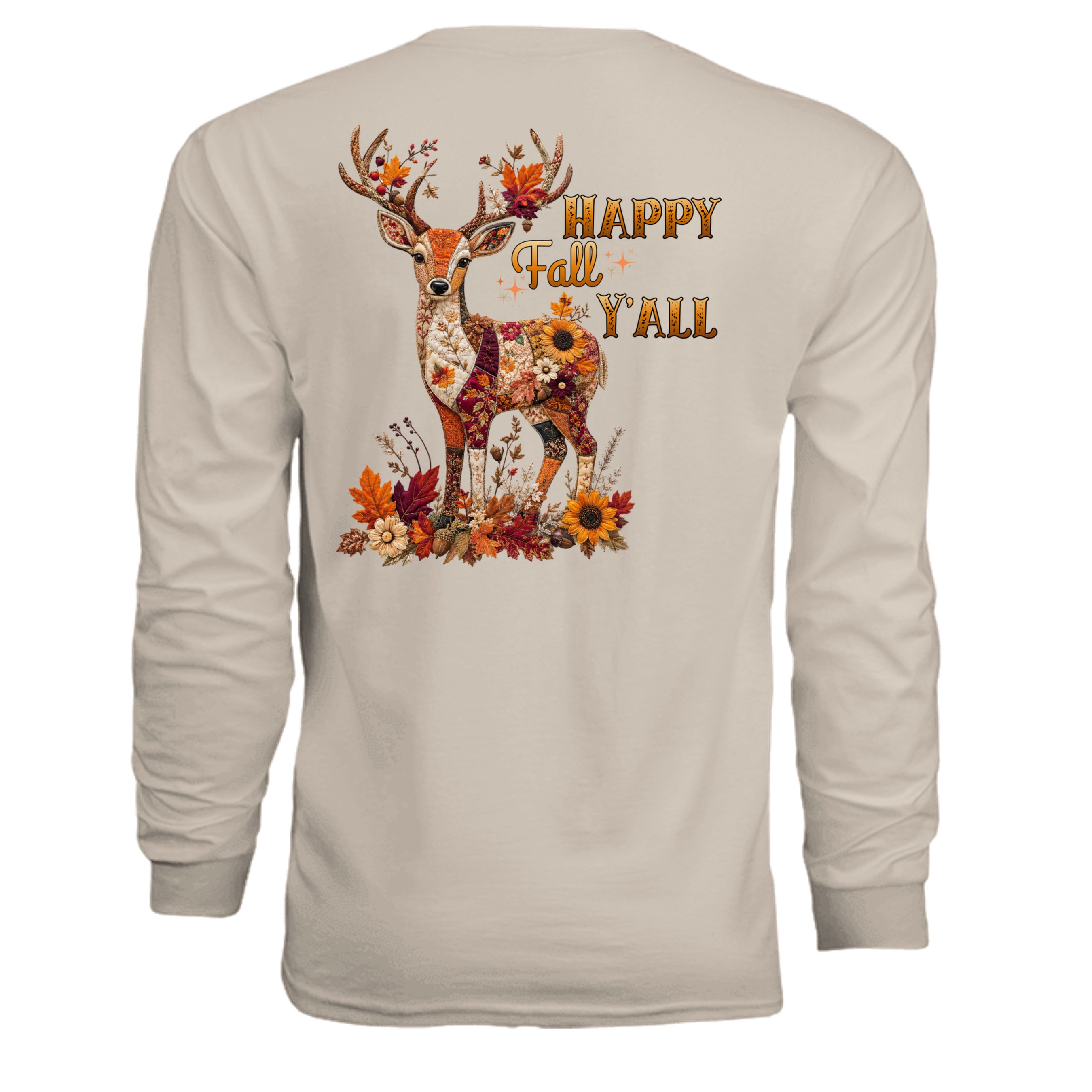 Fall deer patchwork long sleeve tee with floral design and 'Happy Fall Y'all' text on the back.