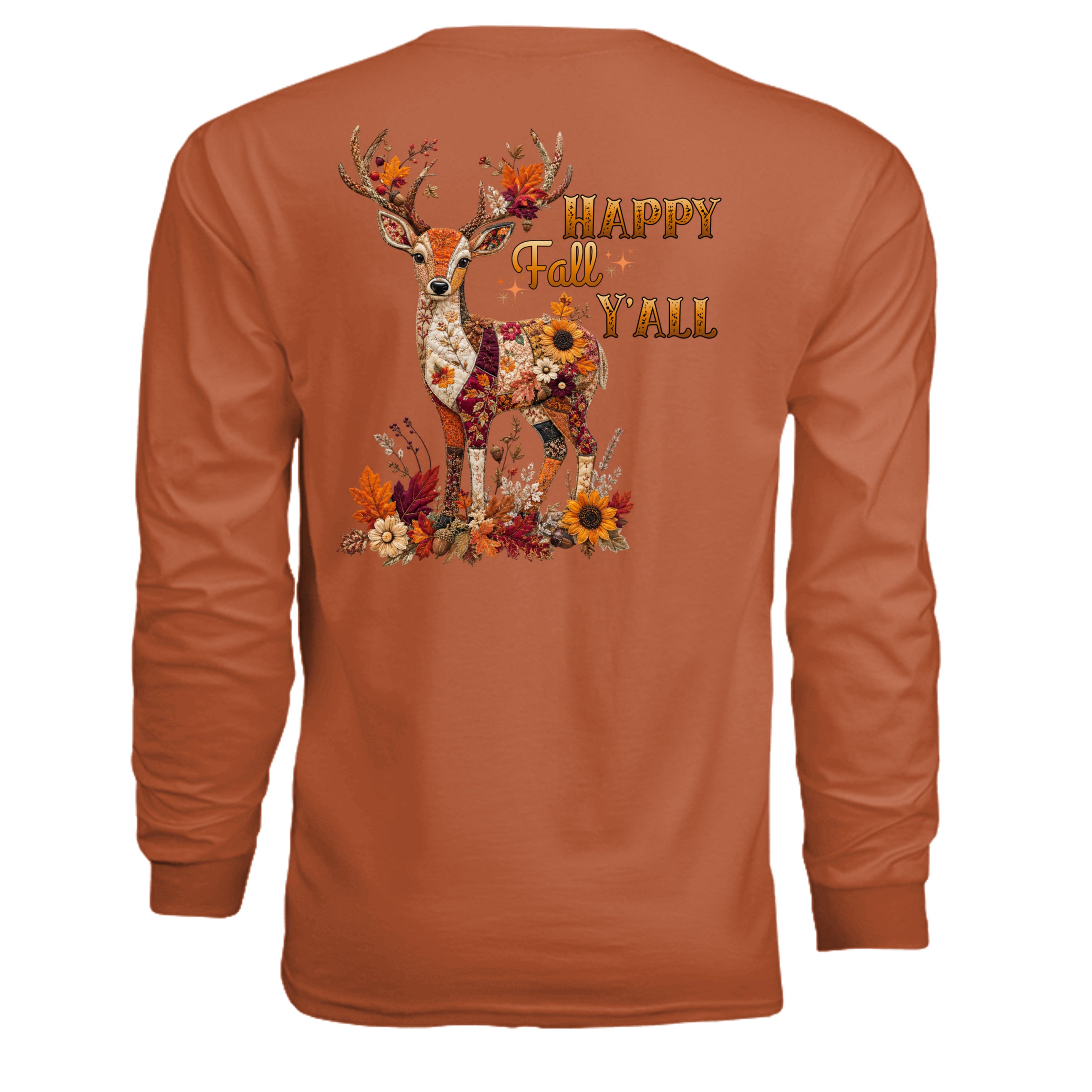 Fall deer patchwork long sleeve tee featuring a colorful deer graphic with autumn flowers and 'Happy Fall Y'all' text.