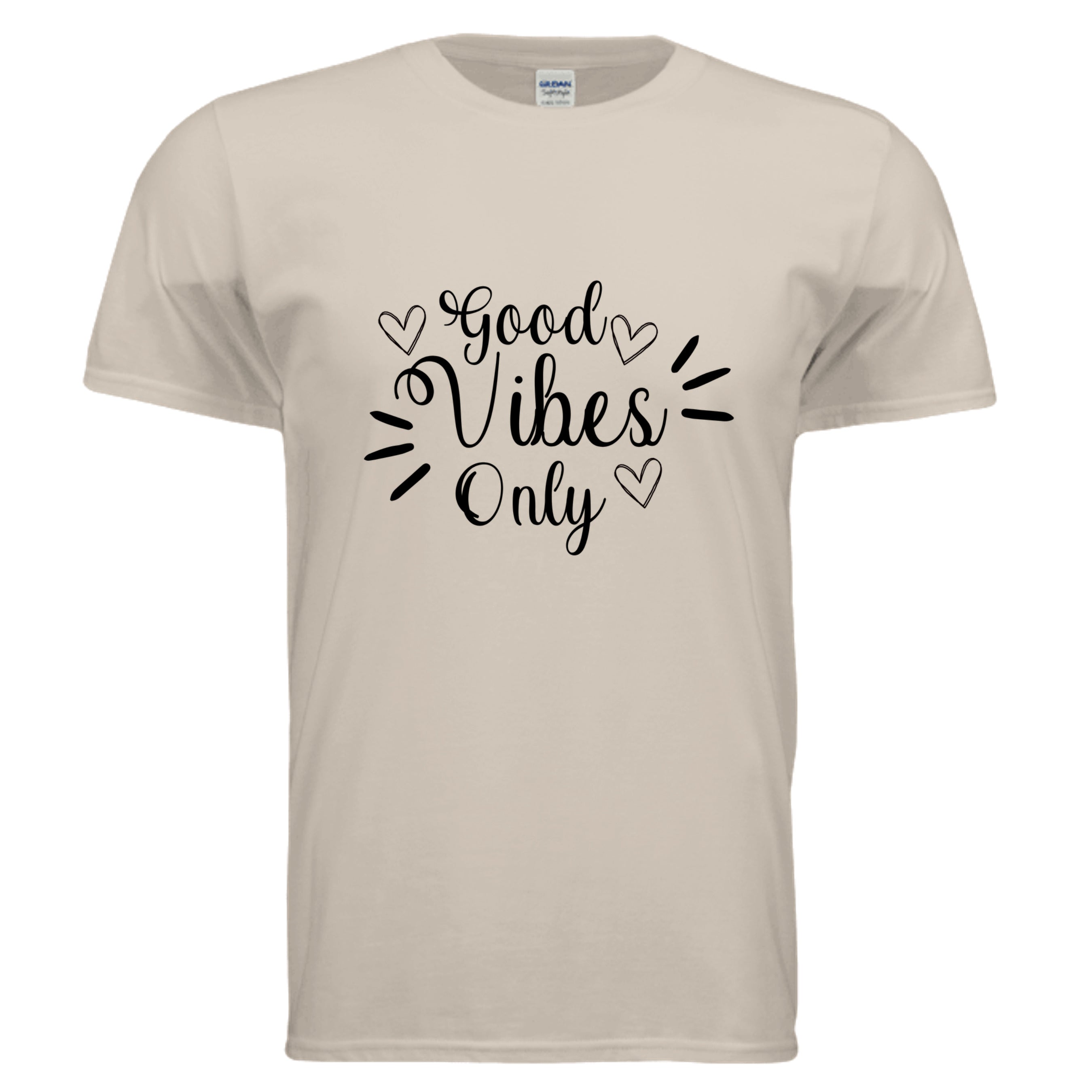 Vibes Only Graphic Tee in sand color with Good Vibes graphic design for a relaxed, casual look.