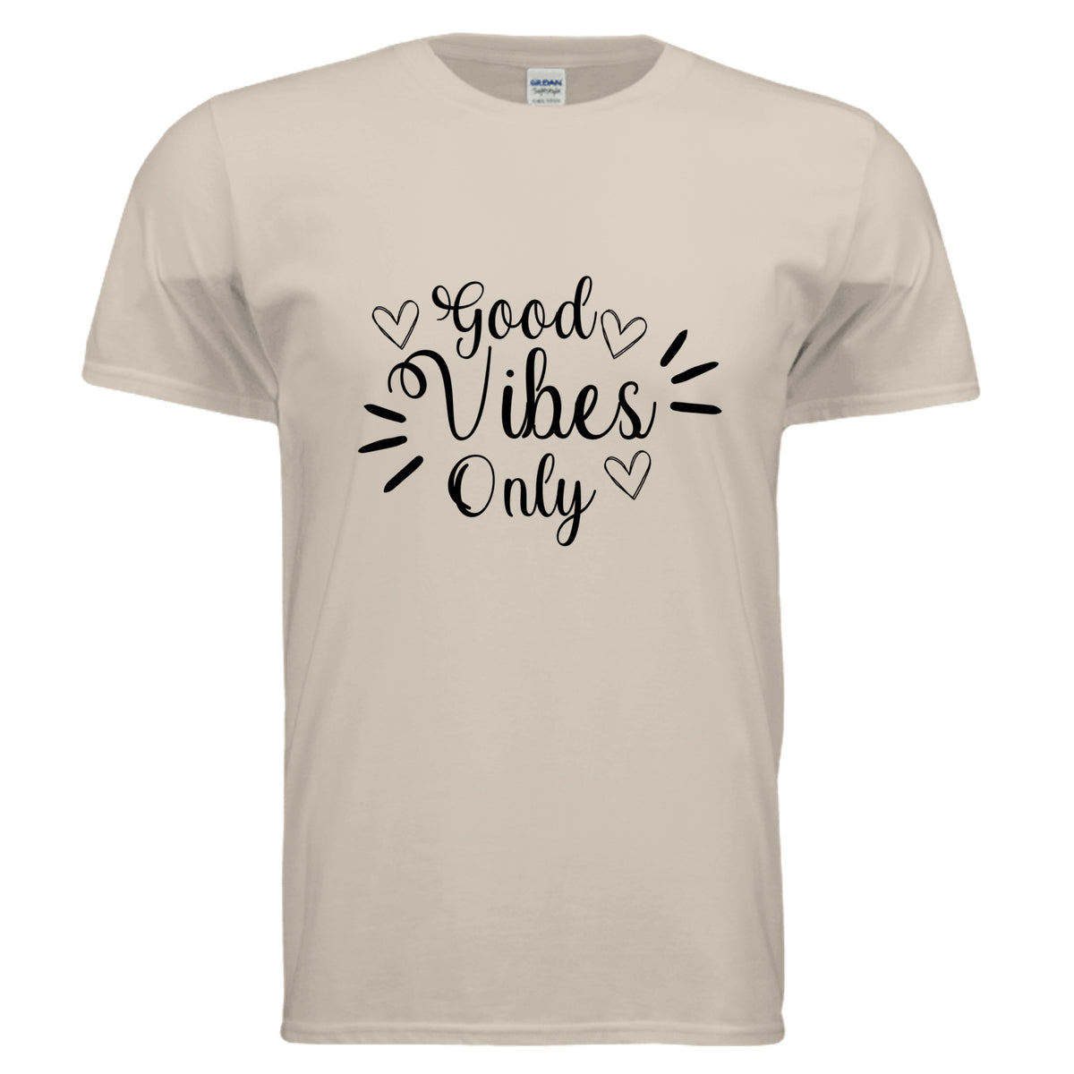 Vibes Only Graphic Tee in sand color with Good Vibes graphic design for a relaxed, casual look.