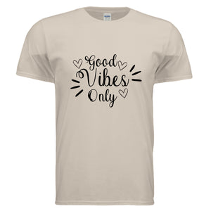 Vibes Only Graphic Tee in sand color with Good Vibes graphic design for a relaxed, casual look.