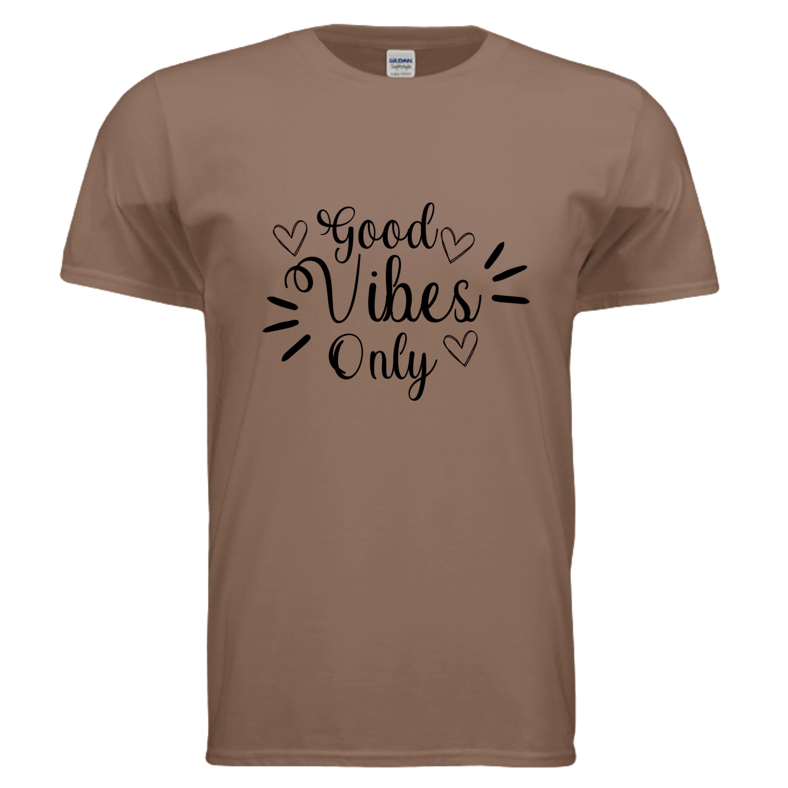 Vibes Only Graphic Tee in brown with Good Vibes text, soft, perfect for everyday wear.