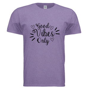 Vibes Only Graphic Tee in HEATHER PURPLE with 'Good Vibes' design, perfect for casual wear and everyday style.
