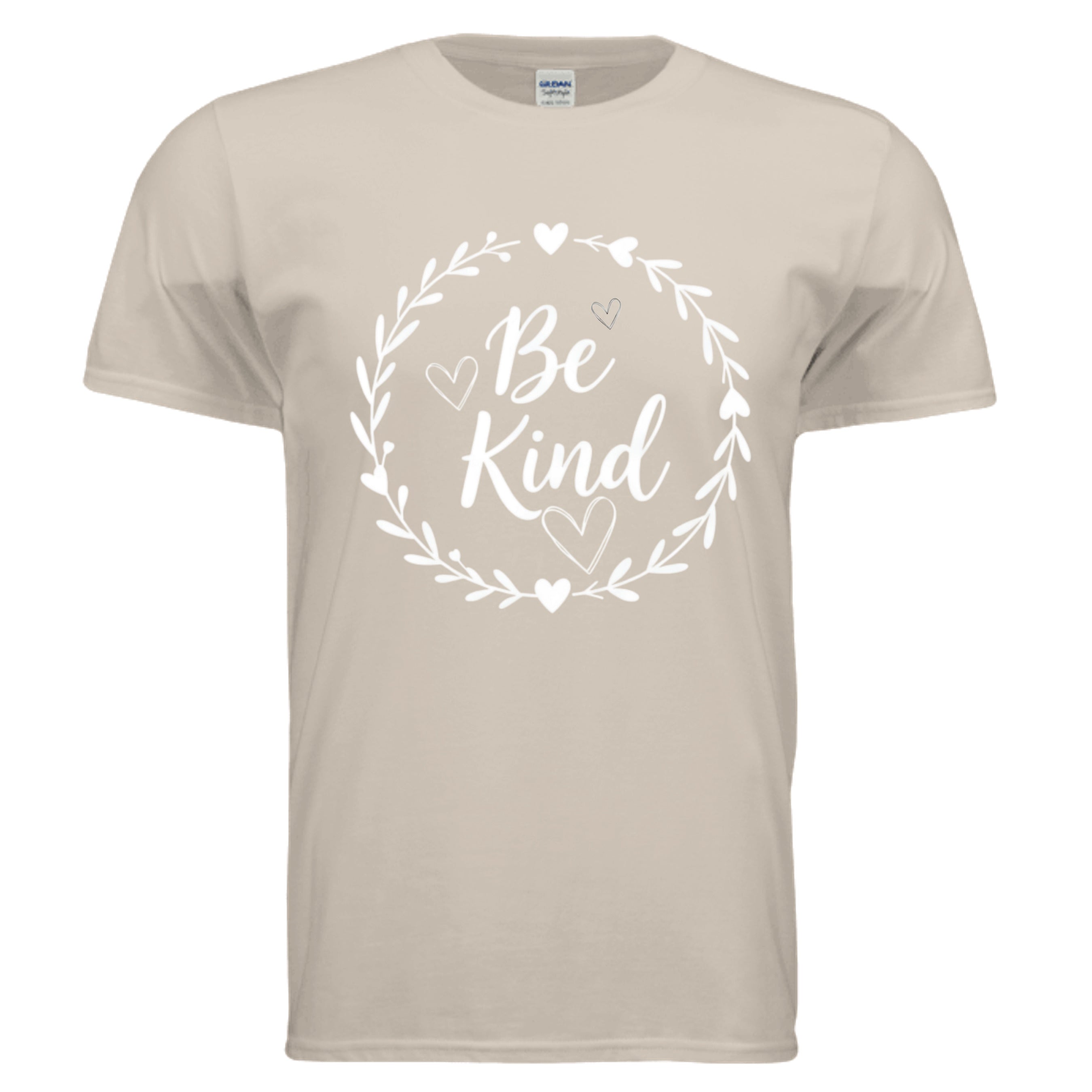 Be Kind Graphic Tee in sand color featuring a vibrant white print design on a soft cotton shirt.
