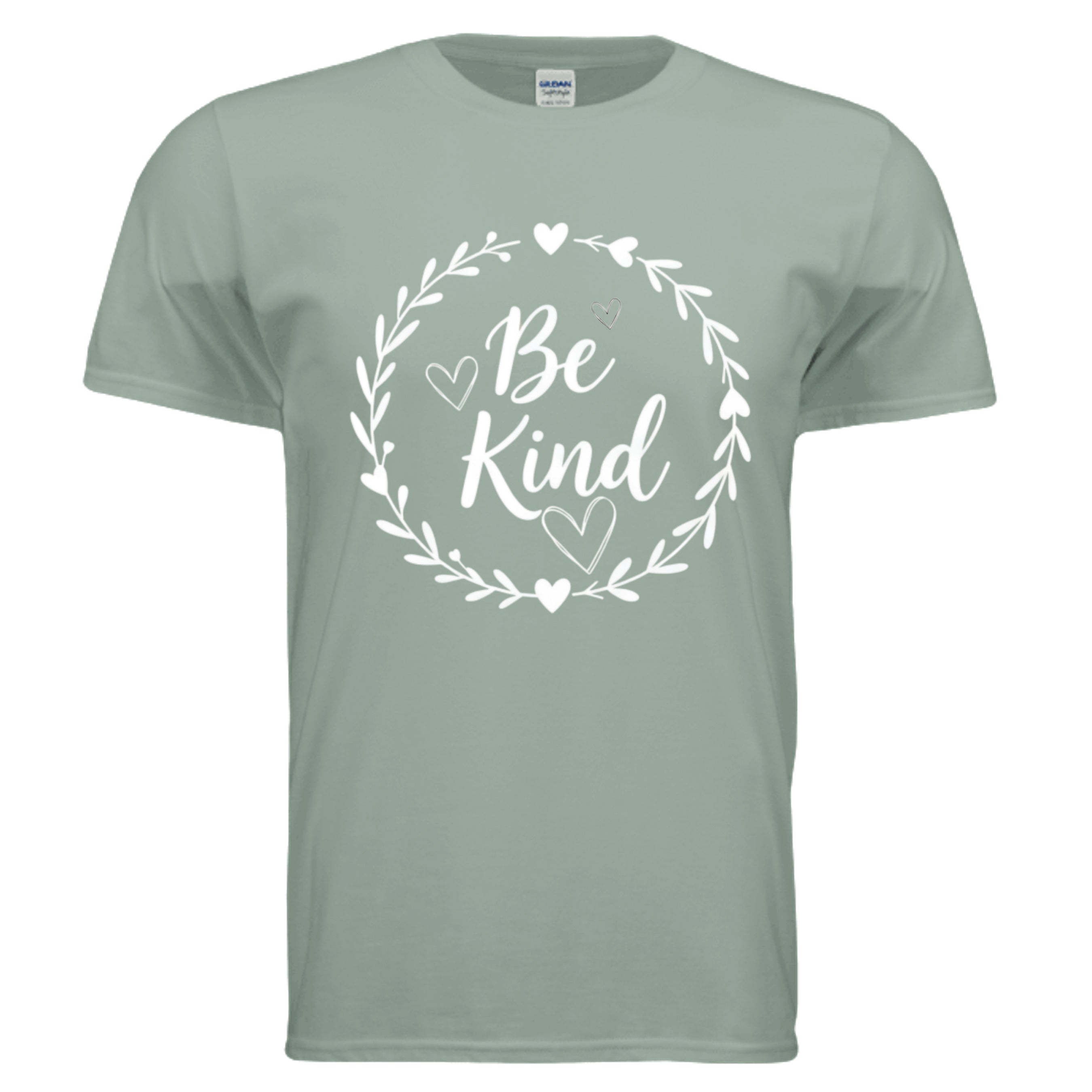 Be Kind Graphic Tee in sage color featuring a heartfelt design with hearts and foliage.