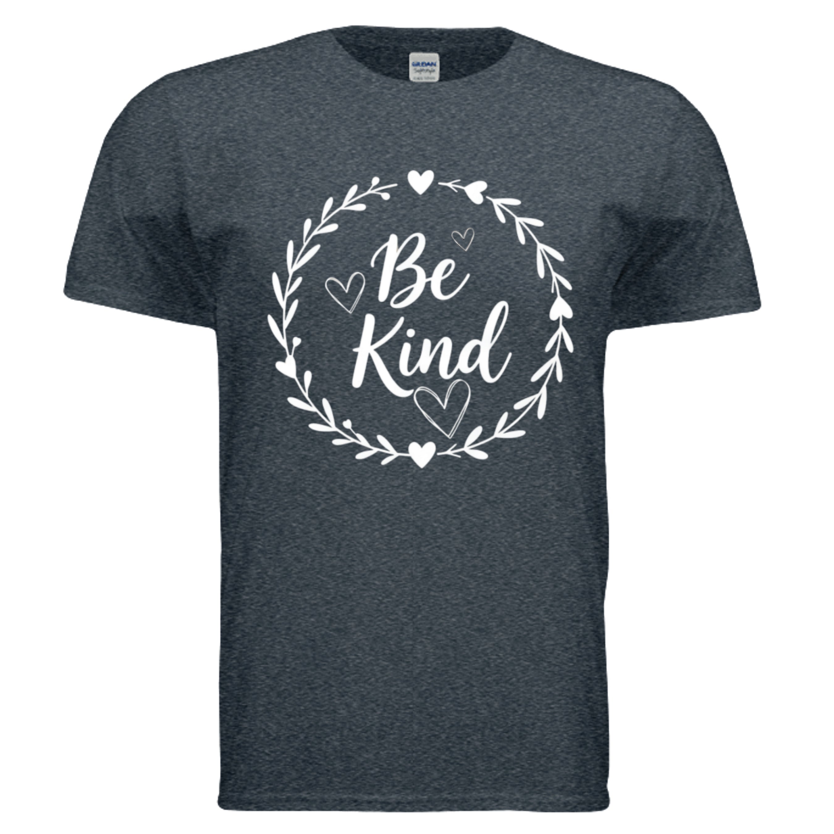 Be Kind Graphic Tee in Heather Navy with a floral heart design, promoting kindness and comfort.