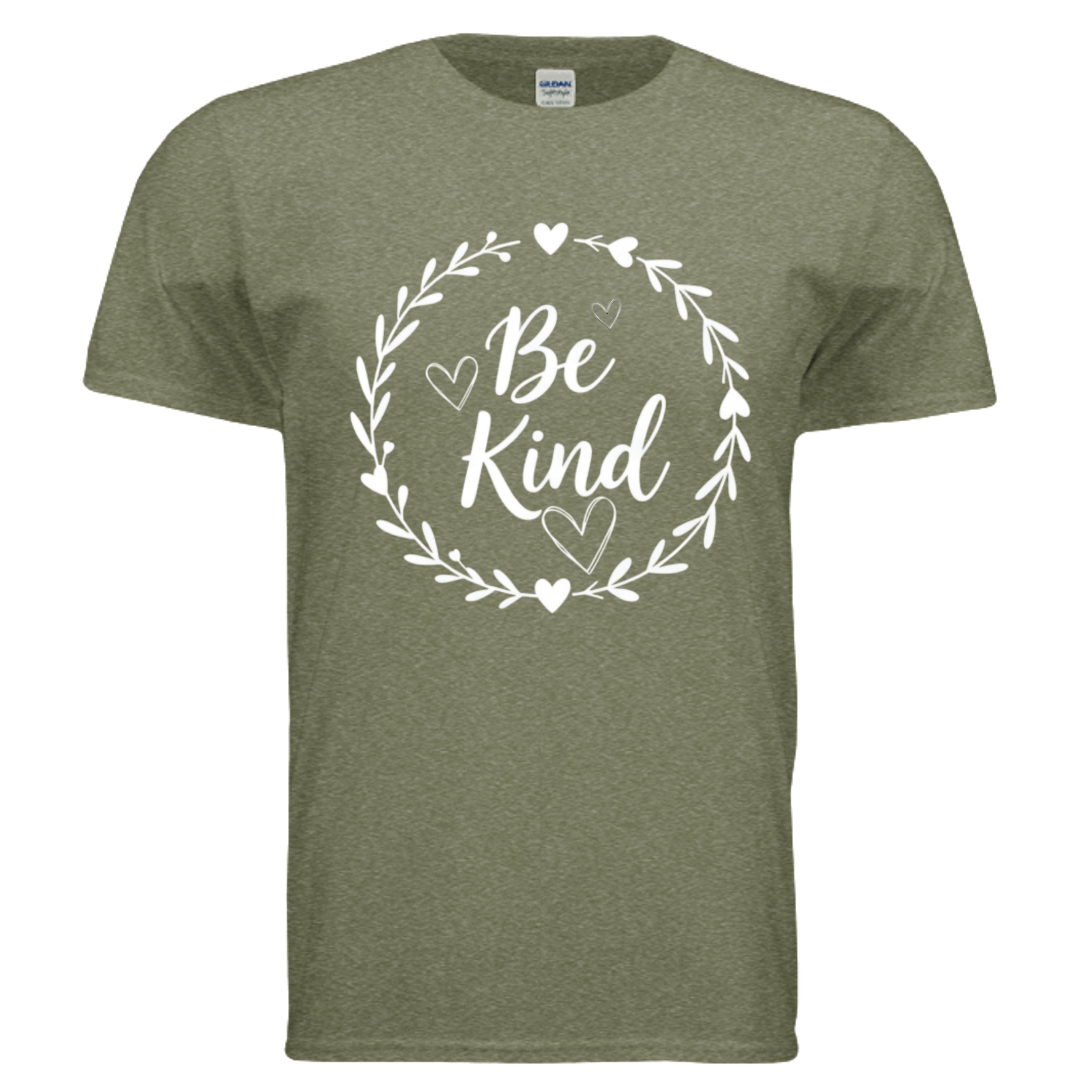 Be Kind Graphic Tee in Heather Military Green with floral design and heart accents, perfect for spreading kindness.