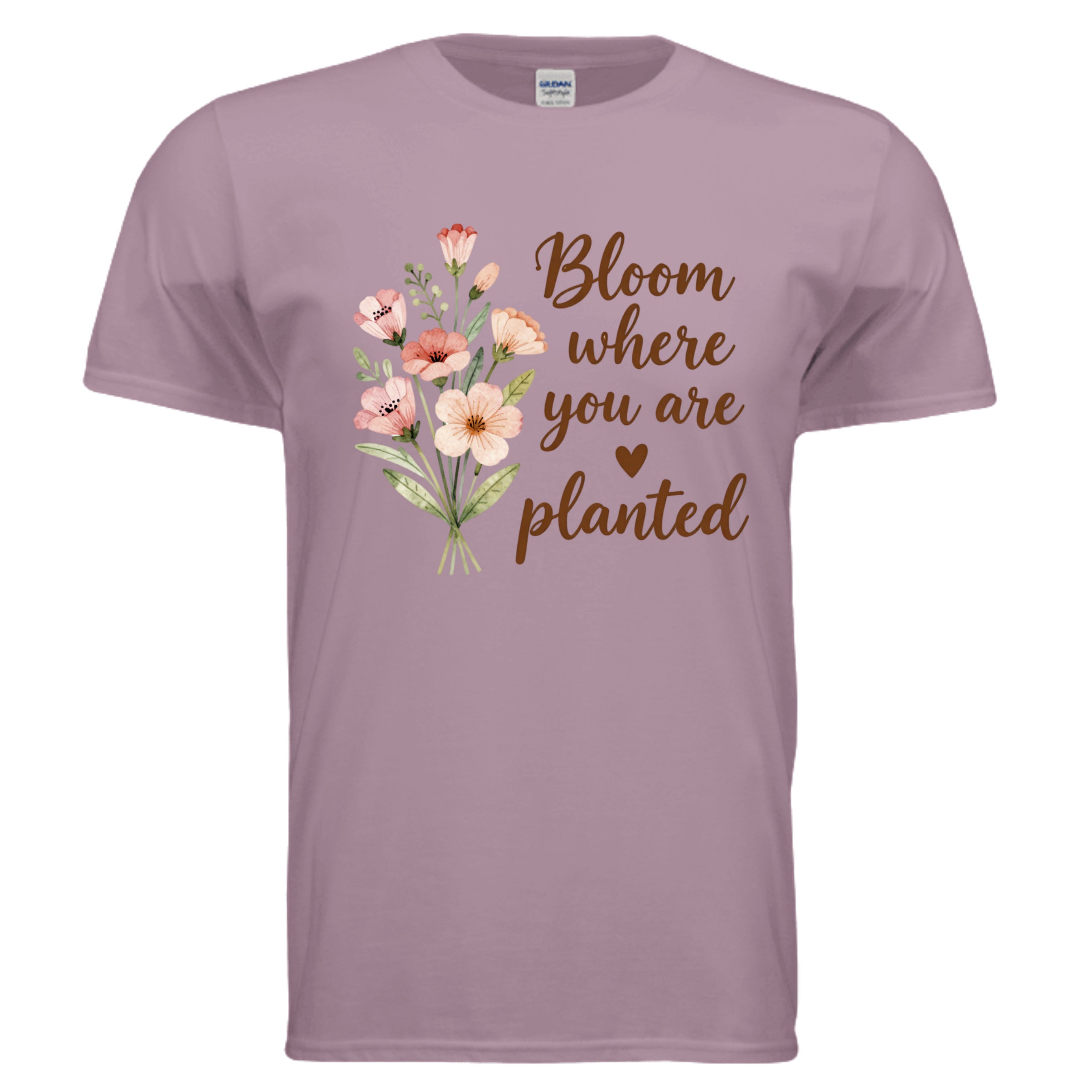 Inspirational graphic tee with floral design that says 'Bloom where you are planted' on a soft lavender shirt.