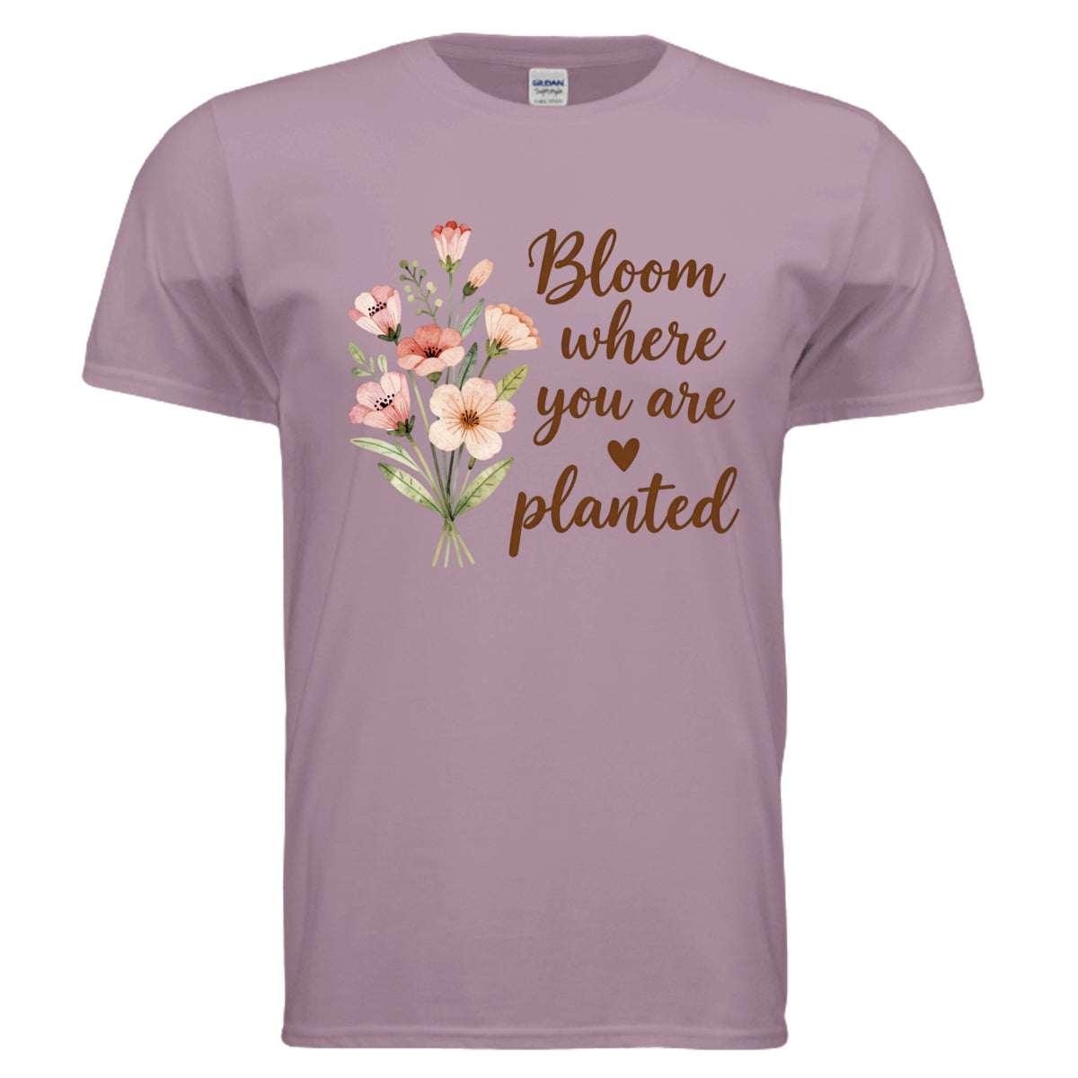 Inspirational graphic tee with floral design that says 'Bloom where you are planted' on a soft lavender shirt.