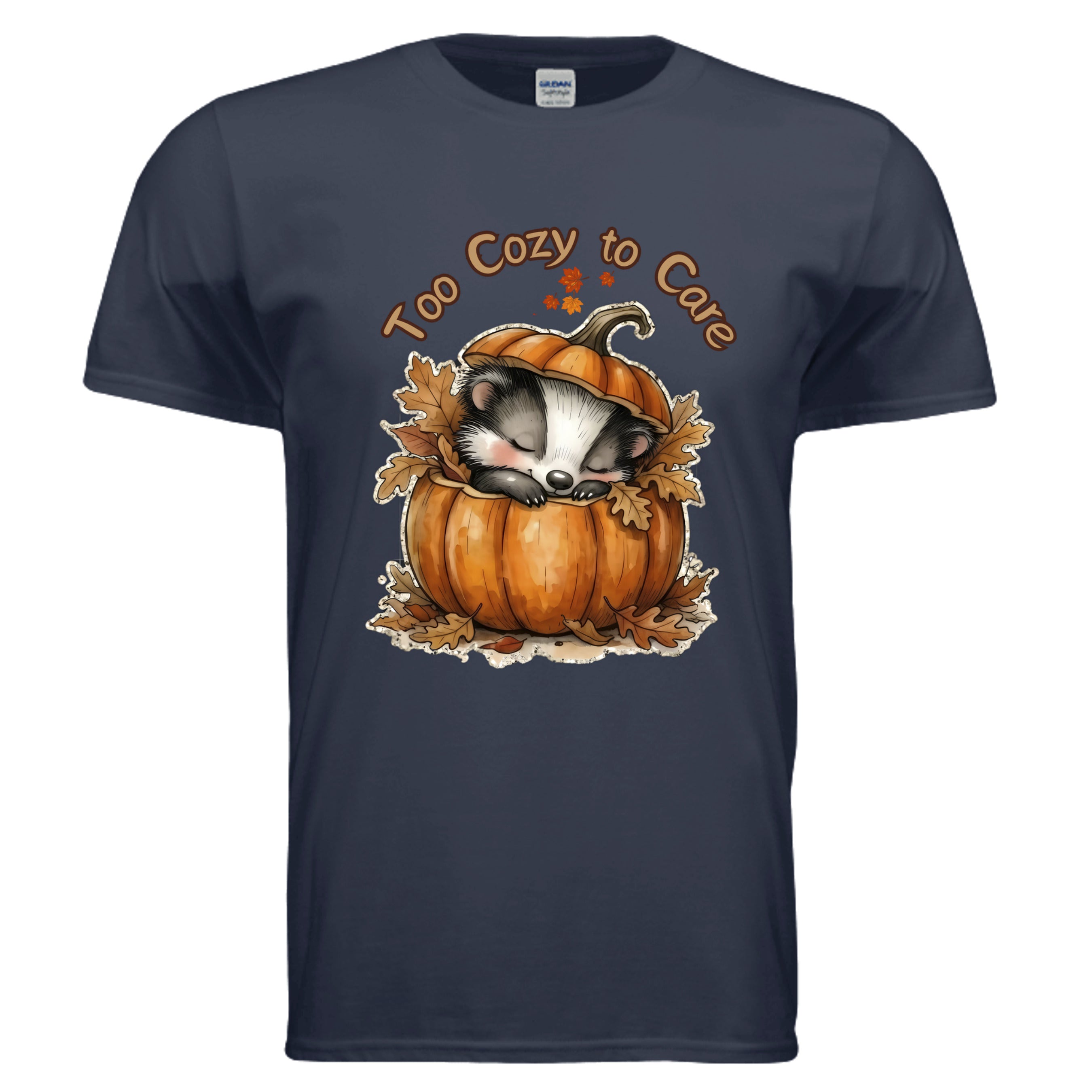 Too Cozy Graphic Tee featuring a cute animal sleeping in a pumpkin, perfect cozy graphic tee for fall.